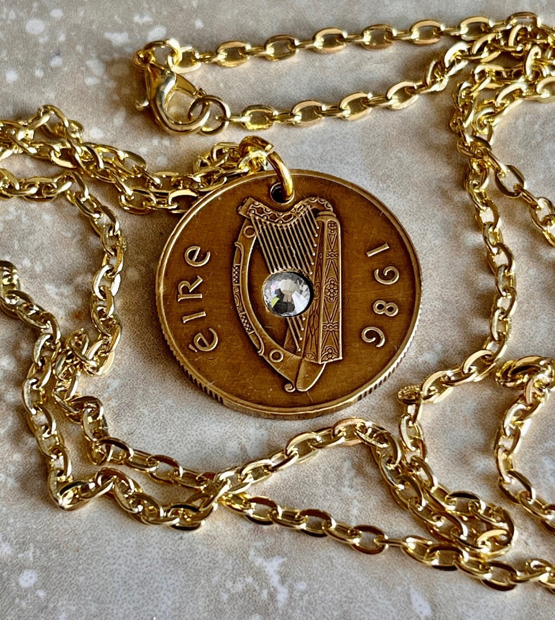 Ireland Coin Pendant 20 Pence Irish Harp Coin Necklace Rhinestone Gift For Friend Coin Charm Gift For Him, Her, Coin Collector, World Coins