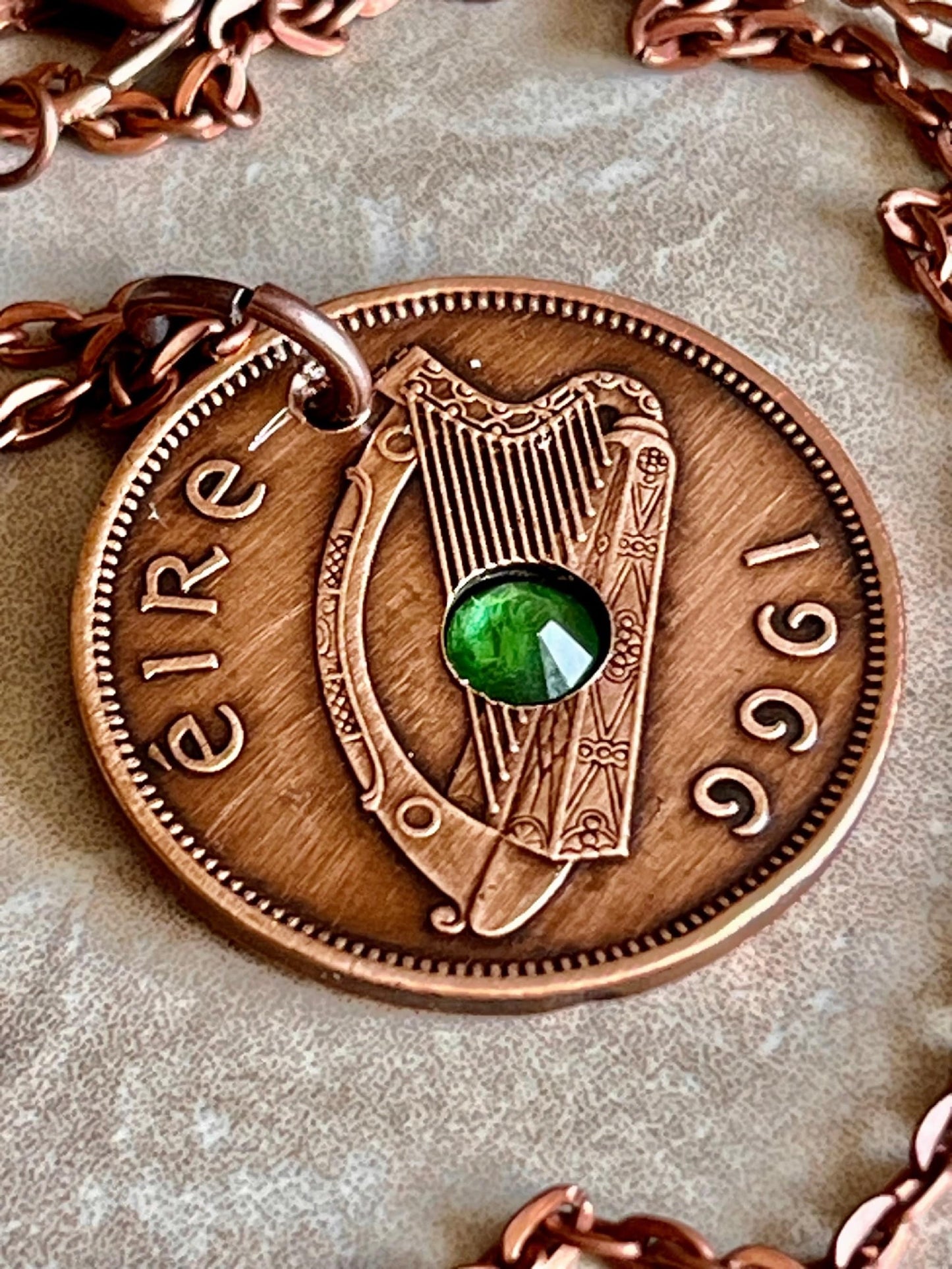 Ireland Coin Pendant 1/2 Pingin Irish Piglet Harp Necklace Rhinestone Gift For Friend Charm Gift For Him, Her, Coin Collector, World Coins