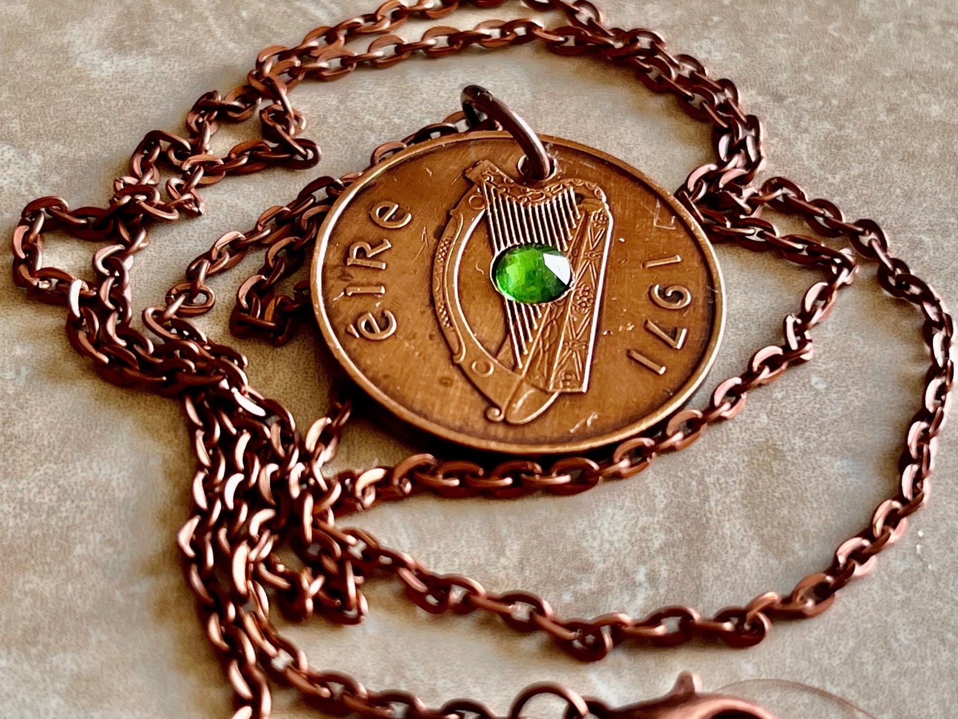 Ireland Coin Pendant 2 Pence Irish Harp Coin Necklace Rhinestone Gift For Friend Coin Charm Gift For Him, Her, Coin Collector, World Coins