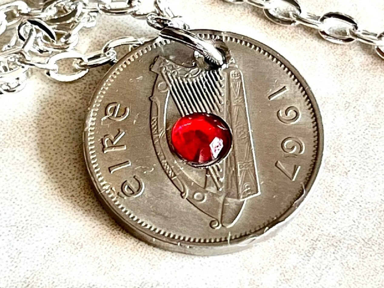 Ireland Coin Pendant 6 Pence Irish Harp Coin Necklace Rhinestone Gift For Friend Coin Charm Gift For Him, Her, Coin Collector, World Coins