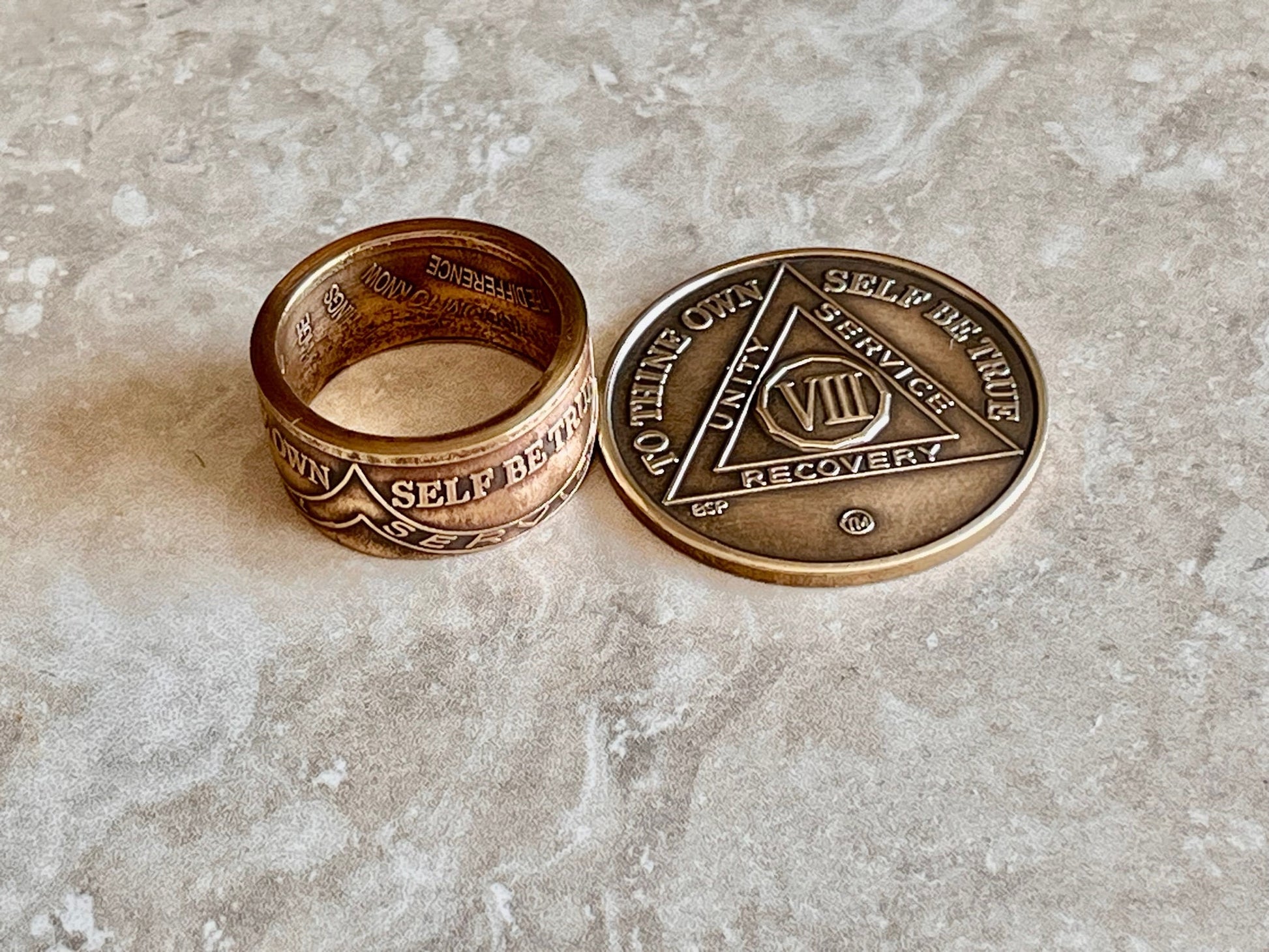 Sobriety Coin Ring AA Addiction Serenity Prayer Drugs and Alcohol Abuse Sober Recovery Friend Coin Ring Gift For Him Her World Coins