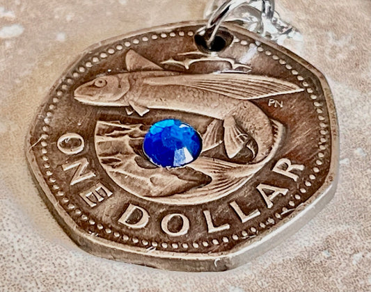 Barbados Coin Necklace One Dollar Shark Rhinestone Pendant Custom Charm Gift For Friend Charm Gift For Him, Her, Coin Collector, World Coins