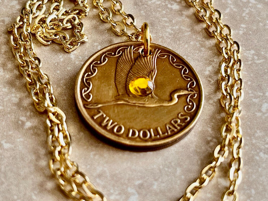 New Zealand Two Dollar Coin Pendant Necklace Custom Rhinestone Charm Gift For Friend Coin Charm Gift For Him Her Coin Collector, World Coins