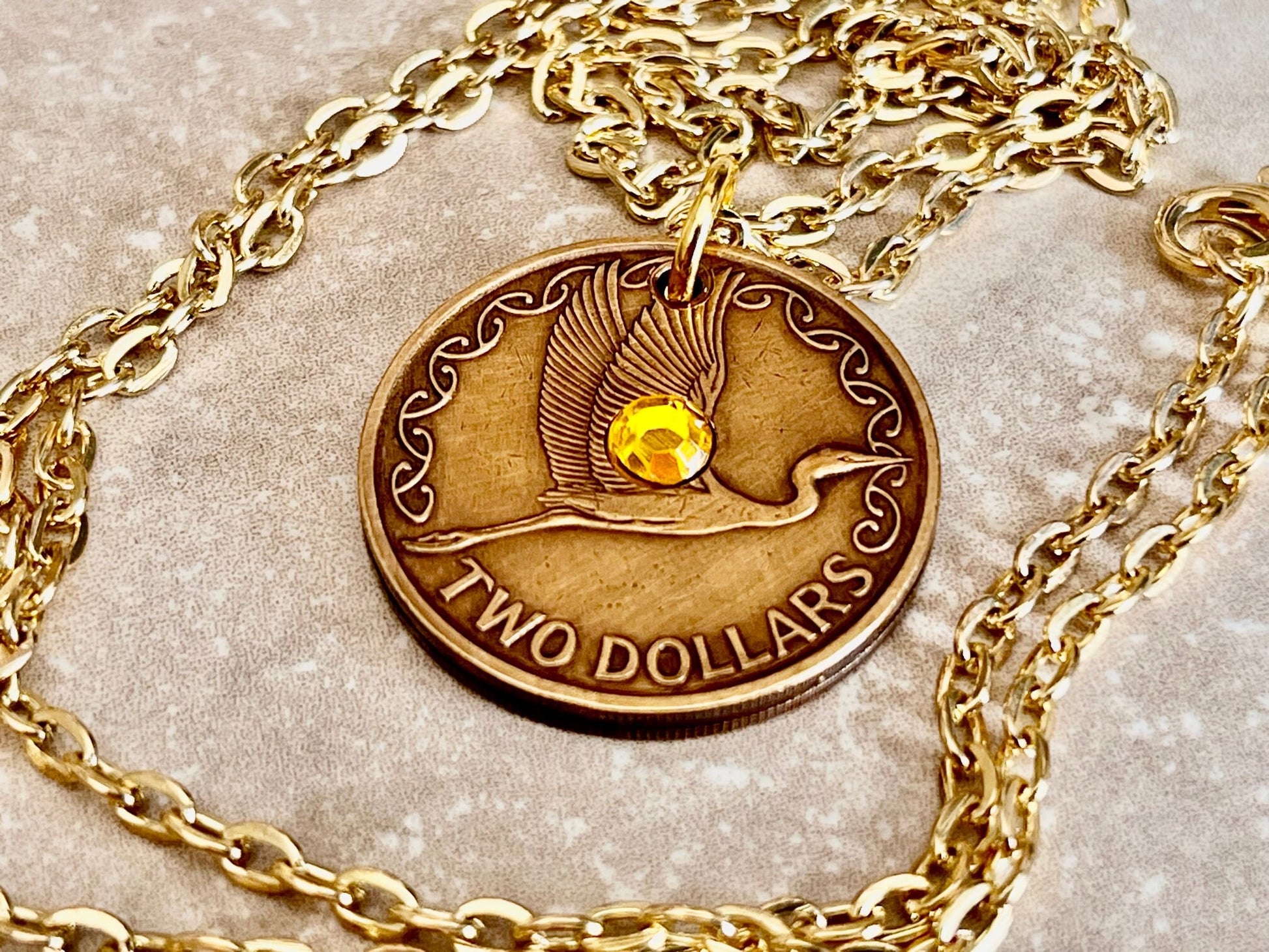 New Zealand Two Dollar Coin Pendant Necklace Custom Rhinestone Charm Gift For Friend Coin Charm Gift For Him Her Coin Collector, World Coins