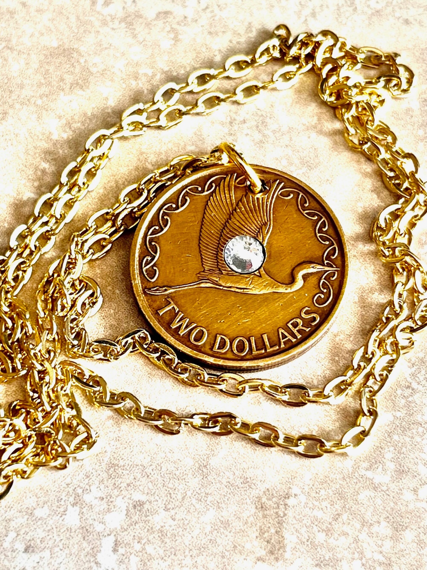 New Zealand Two Dollar Coin Pendant Necklace Custom Rhinestone Charm Gift For Friend Coin Charm Gift For Him Her Coin Collector, World Coins