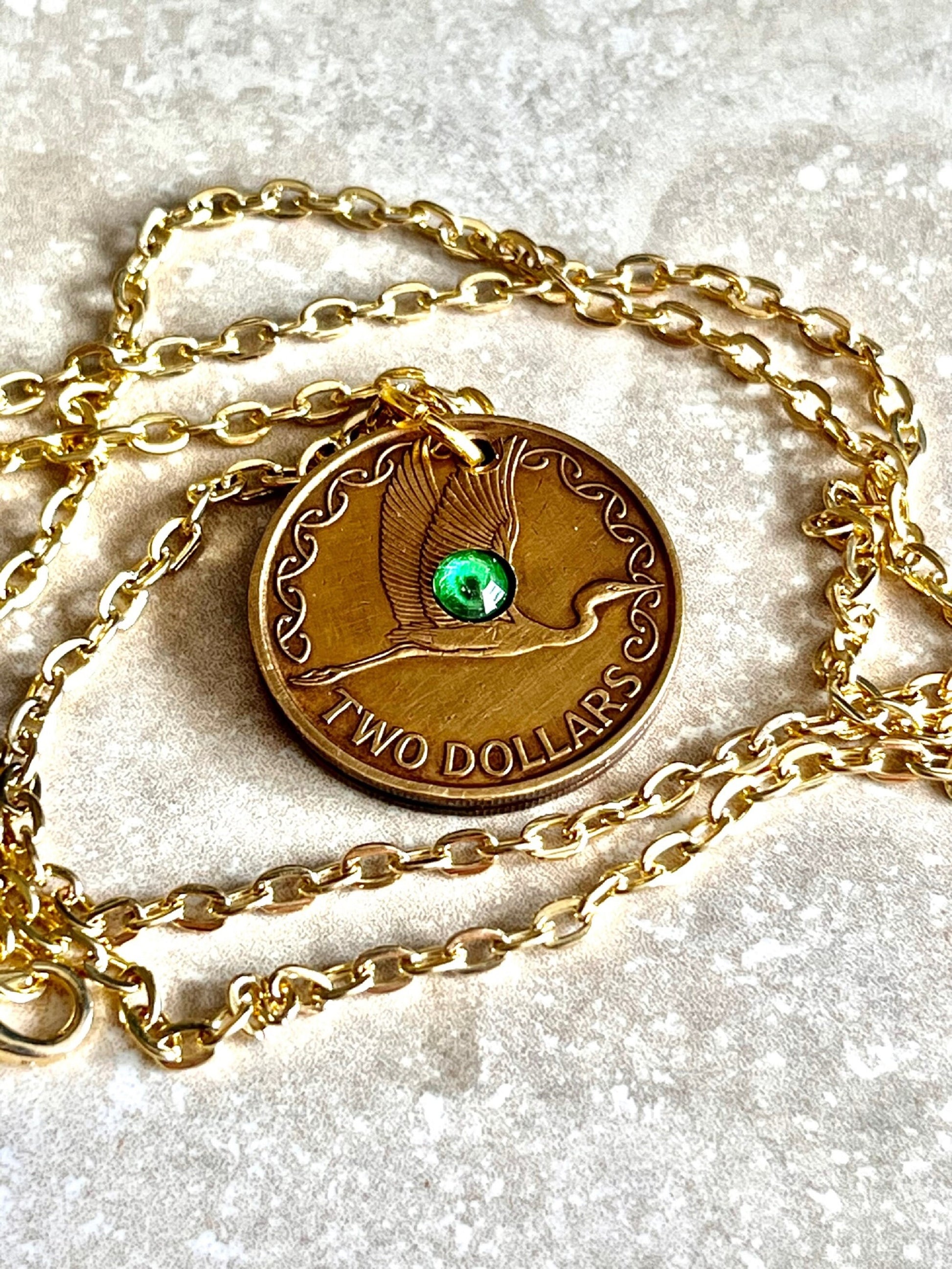 New Zealand Two Dollar Coin Pendant Necklace Custom Rhinestone Charm Gift For Friend Coin Charm Gift For Him Her Coin Collector, World Coins