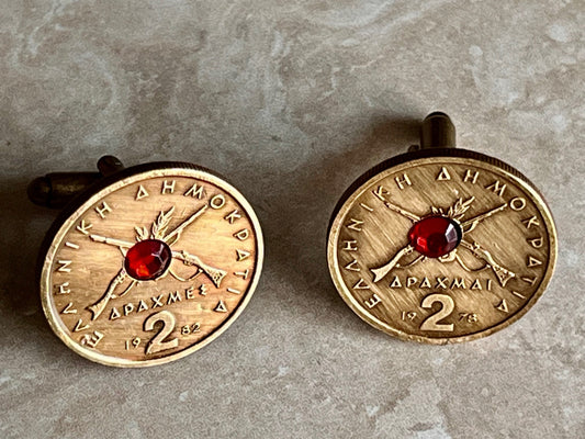 Greek Coin Cufflinks Greece 2 Drachmai Rhinestone Jewelry Charm Gift For Friend Cufflinks Charm Gift For Him, Her, World Coins Collector