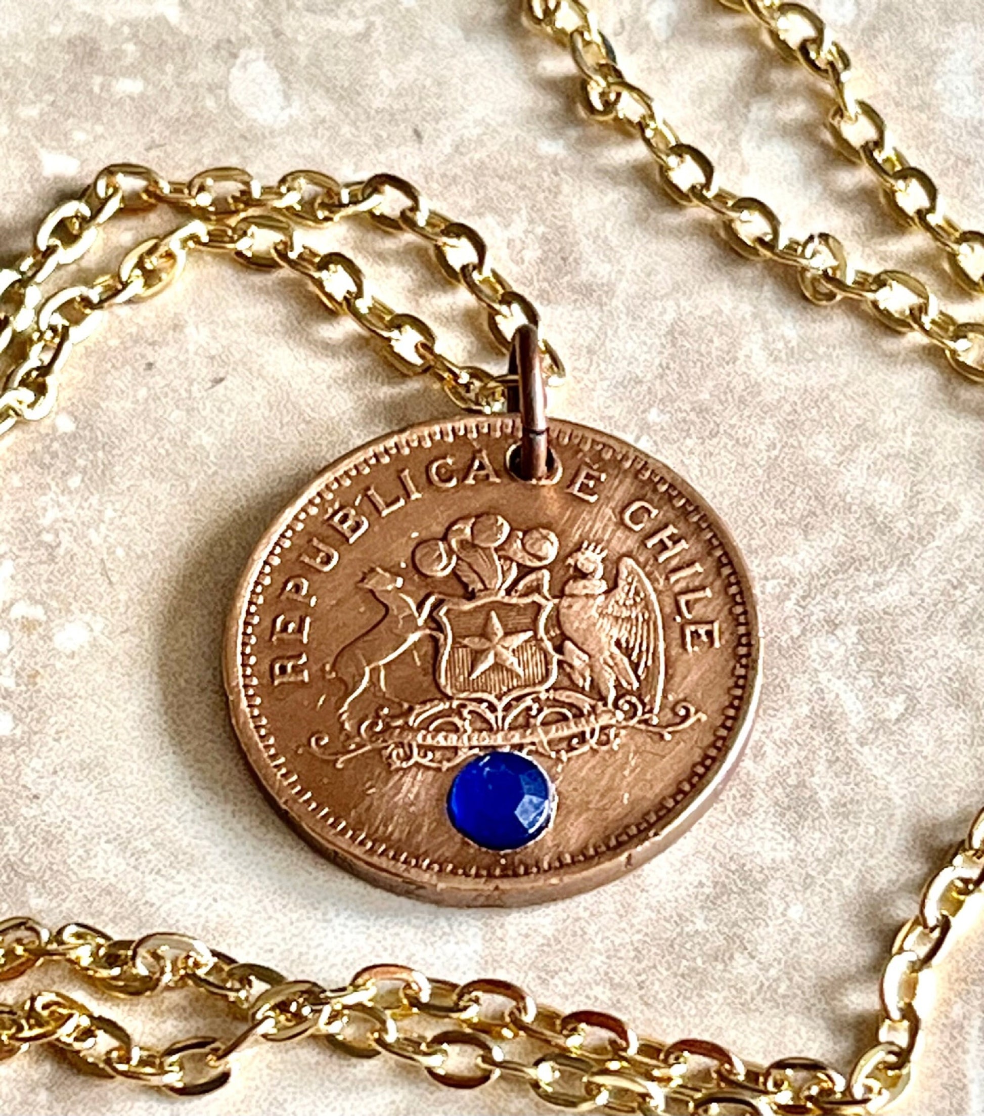 Chile Coin Necklace Chillan 100 Pesos Coin Rhinestone Pendant Custom For Gift For Friend Coin Gift For Him, Her, Coin Collector, World Coins