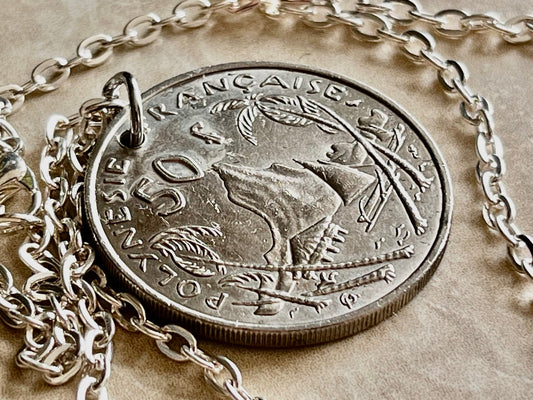 French Polynesia Coin Necklace 50 Francs Handmade Custom Made Charm Gift For Friend Coin Charm Gift For Him, Coin Collector, World Coins