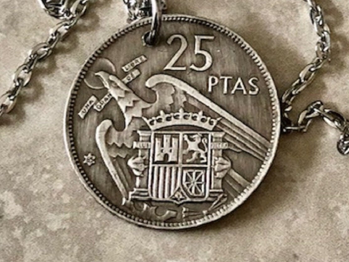 Spain Coin Pendant Spanish 25 Ptas 1957 Necklace Handmade Jewelry Gift For Friend Coin Charm Gift For Him, Her, World Coins Collector