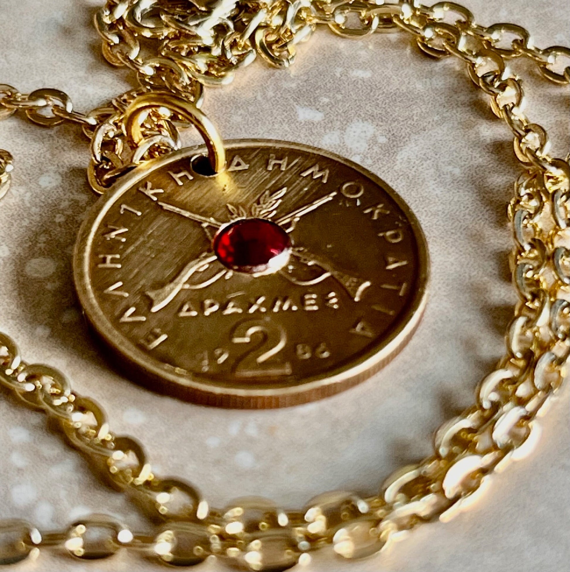 Greece Coin Pendant Greek 2 Drachma Rhinestone Necklace Jewelry Charm Gift For Friend Coin Charm Gift For Him, Her, World Coins Collector