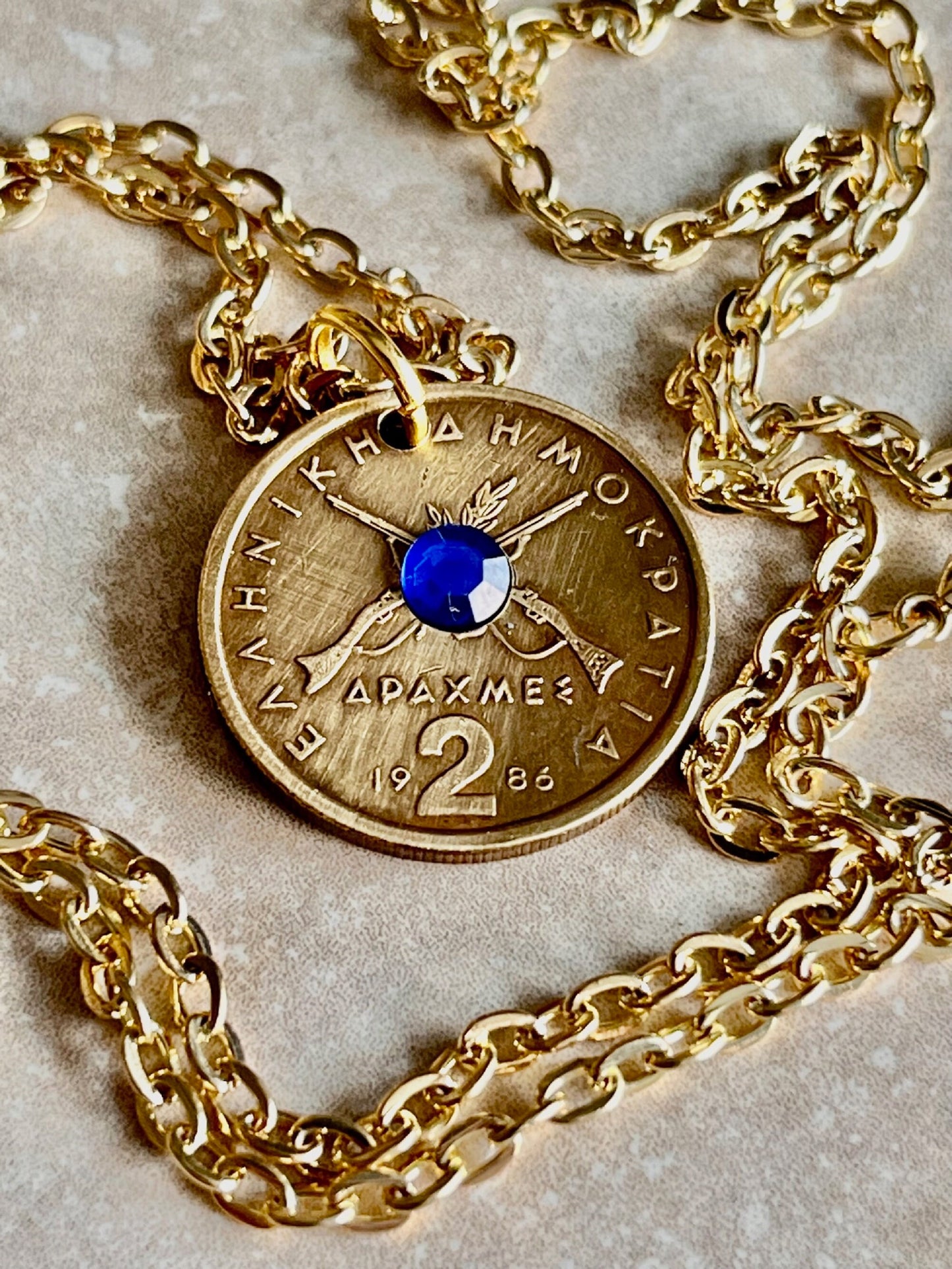 Greece Coin Pendant Greek 2 Drachma Rhinestone Necklace Jewelry Charm Gift For Friend Coin Charm Gift For Him, Her, World Coins Collector