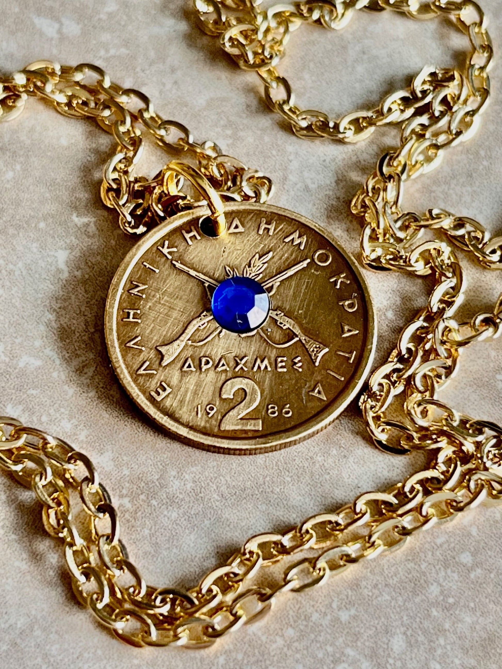 Greece Coin Pendant Greek 2 Drachma Rhinestone Necklace Jewelry Charm Gift For Friend Coin Charm Gift For Him, Her, World Coins Collector