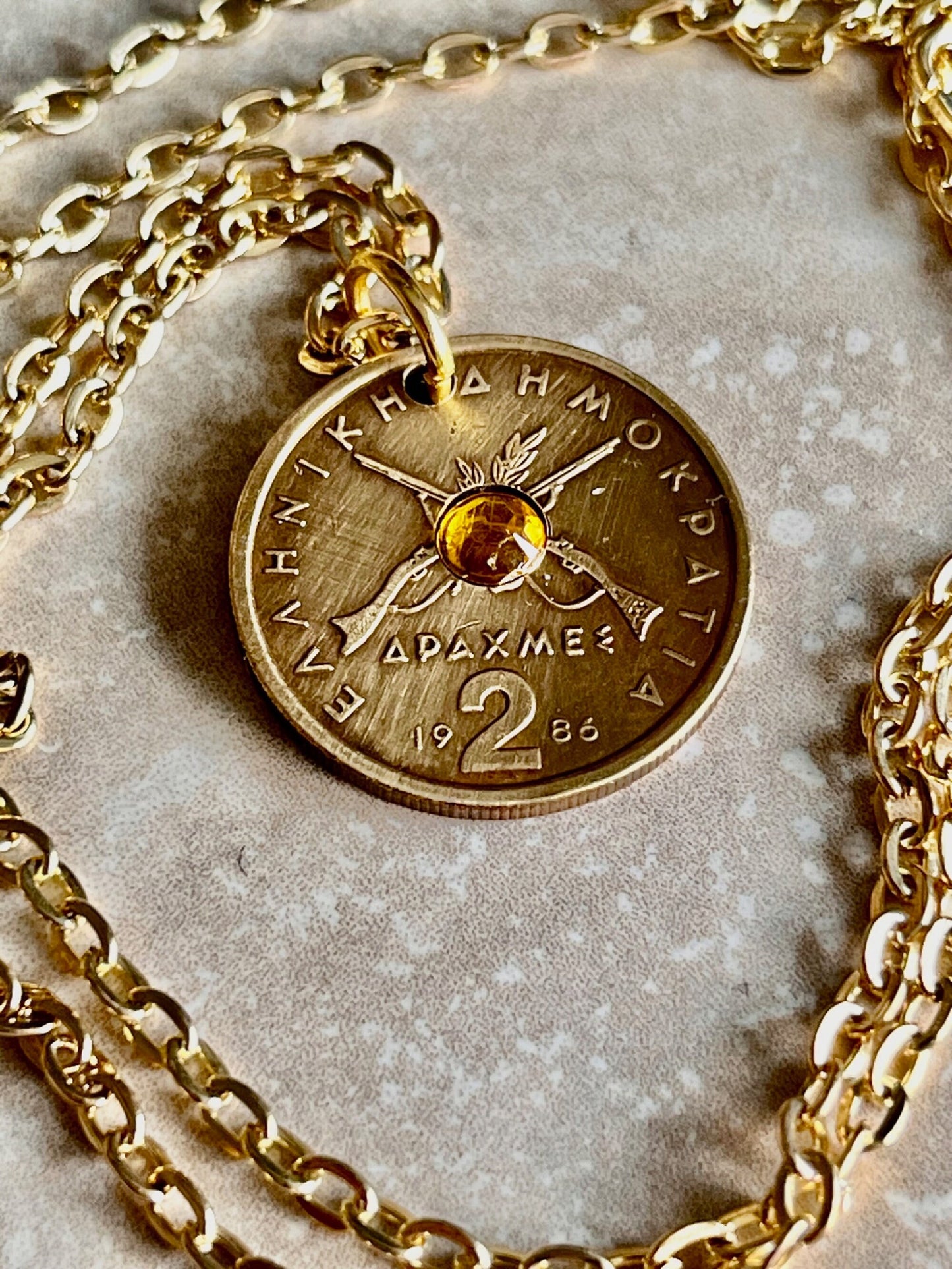 Greece Coin Pendant Greek 2 Drachma Rhinestone Necklace Jewelry Charm Gift For Friend Coin Charm Gift For Him, Her, World Coins Collector