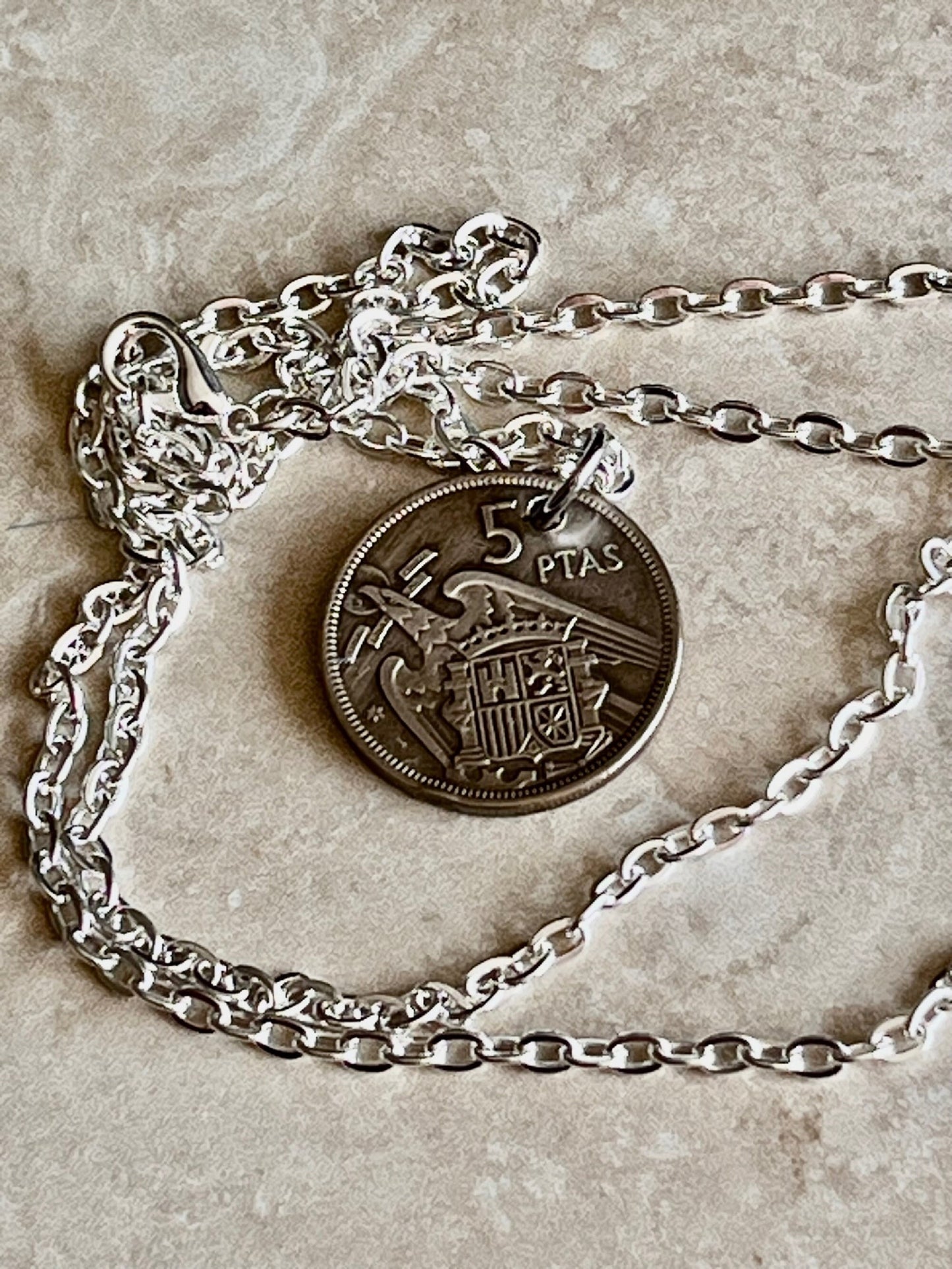 Spain Coin Pendant Spanish 5 Ptas 1957 Necklace Handmade Jewelry Gift For Friend Coin Charm Gift For Him, Her, World Coins Collector