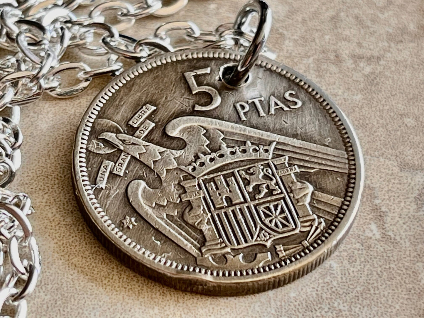 Spain Coin Pendant Spanish 5 Ptas 1957 Necklace Handmade Jewelry Gift For Friend Coin Charm Gift For Him, Her, World Coins Collector