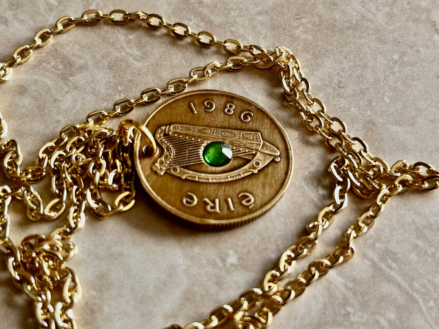 Ireland Coin Pendant 20 Pence Irish Harp Coin Necklace Rhinestone Gift For Friend Coin Charm Gift For Him, Her, Coin Collector, World Coins