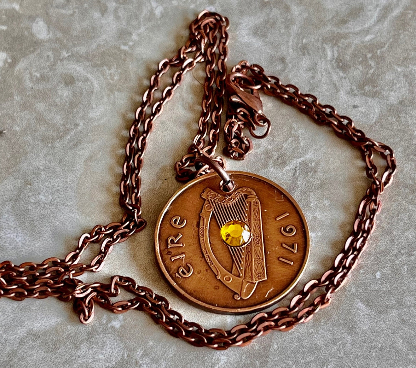Ireland Coin Pendant 2 Pence Irish Harp Coin Necklace Rhinestone Gift For Friend Coin Charm Gift For Him, Her, Coin Collector, World Coins