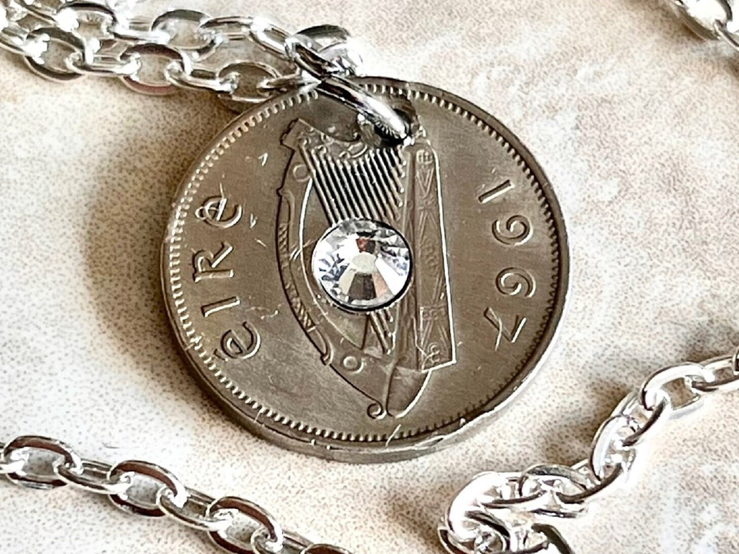 Ireland Coin Pendant 6 Pence Irish Harp Coin Necklace Rhinestone Gift For Friend Coin Charm Gift For Him, Her, Coin Collector, World Coins