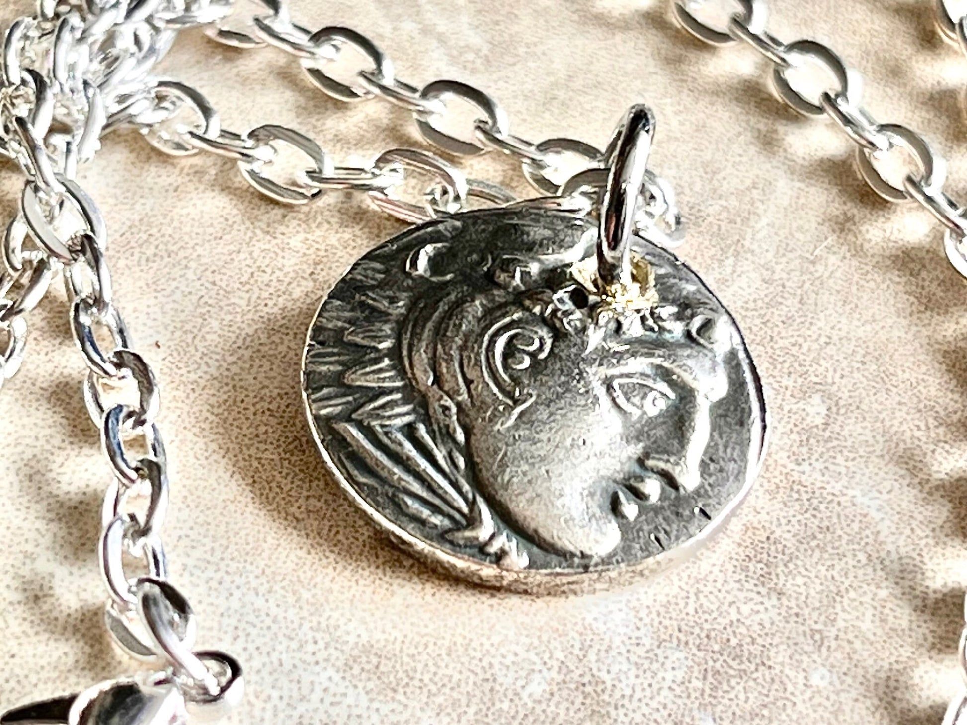 Greek Ancient Coin Pendant Lion Skin Helmet Hercules Zeus Inlaid Necklace Jewelry Gift For Friend Charm For Him Her, World Coins Collector