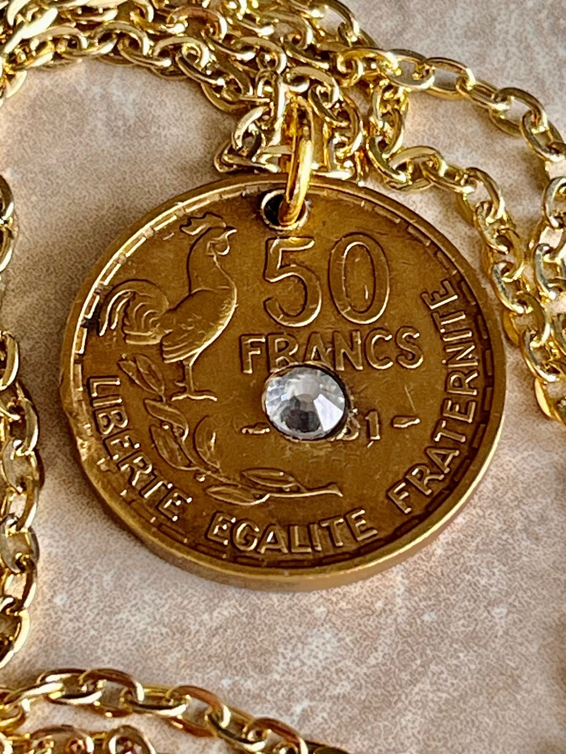 France Coin Pendant French 50 Franc Necklace Rhinestone Custom Charm Gift For Friend Charm Gift For Him Her, Coin Collector, World Coins