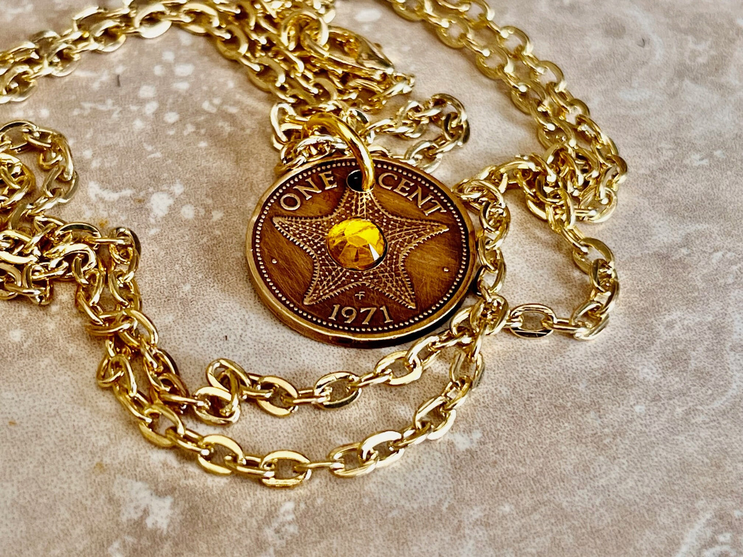 Bahamas Coin Pendant Star Fish Necklace Rhinestone Custom Made Charm Gift For Friend Charm Gift For Him, Her, Coin Collector, World Coins