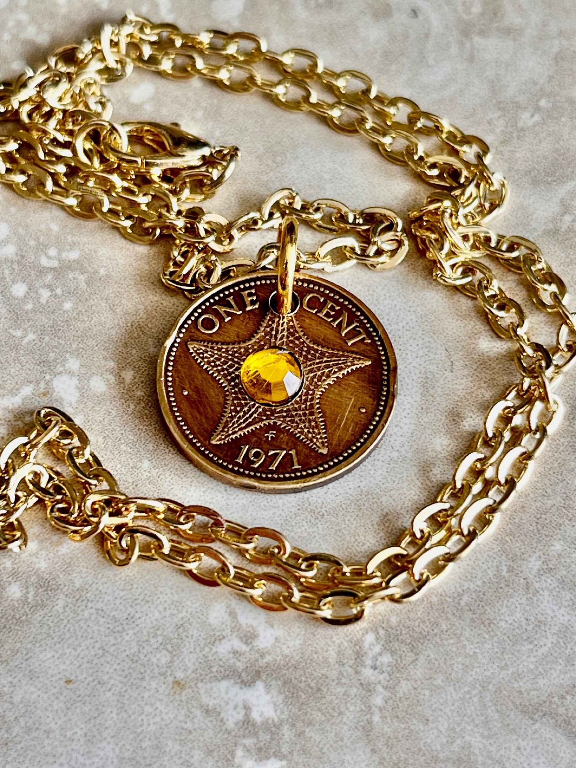 Bahamas Coin Pendant Star Fish Necklace Rhinestone Custom Made Charm Gift For Friend Charm Gift For Him, Her, Coin Collector, World Coins