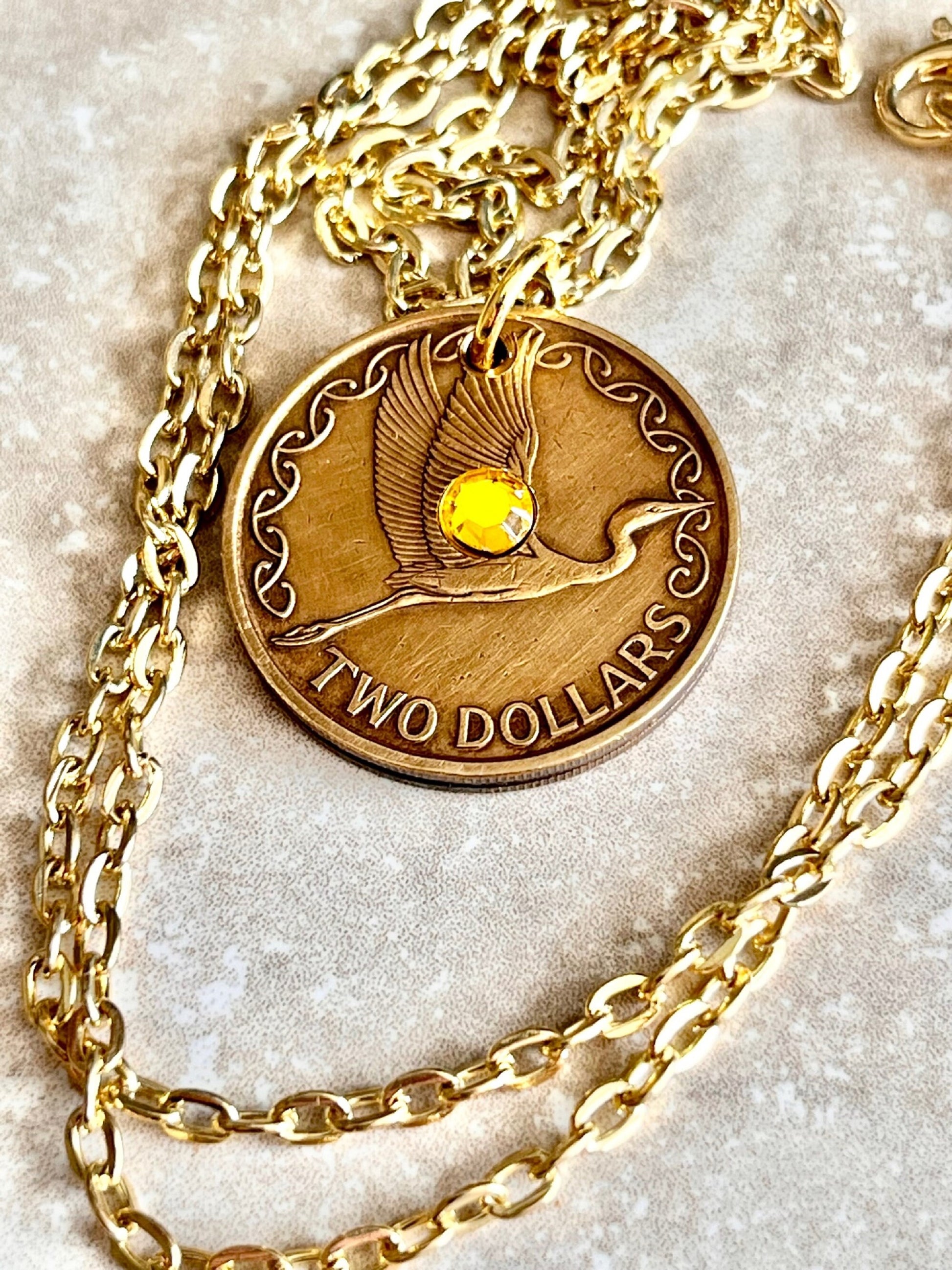 New Zealand Two Dollar Coin Pendant Necklace Custom Rhinestone Charm Gift For Friend Coin Charm Gift For Him Her Coin Collector, World Coins