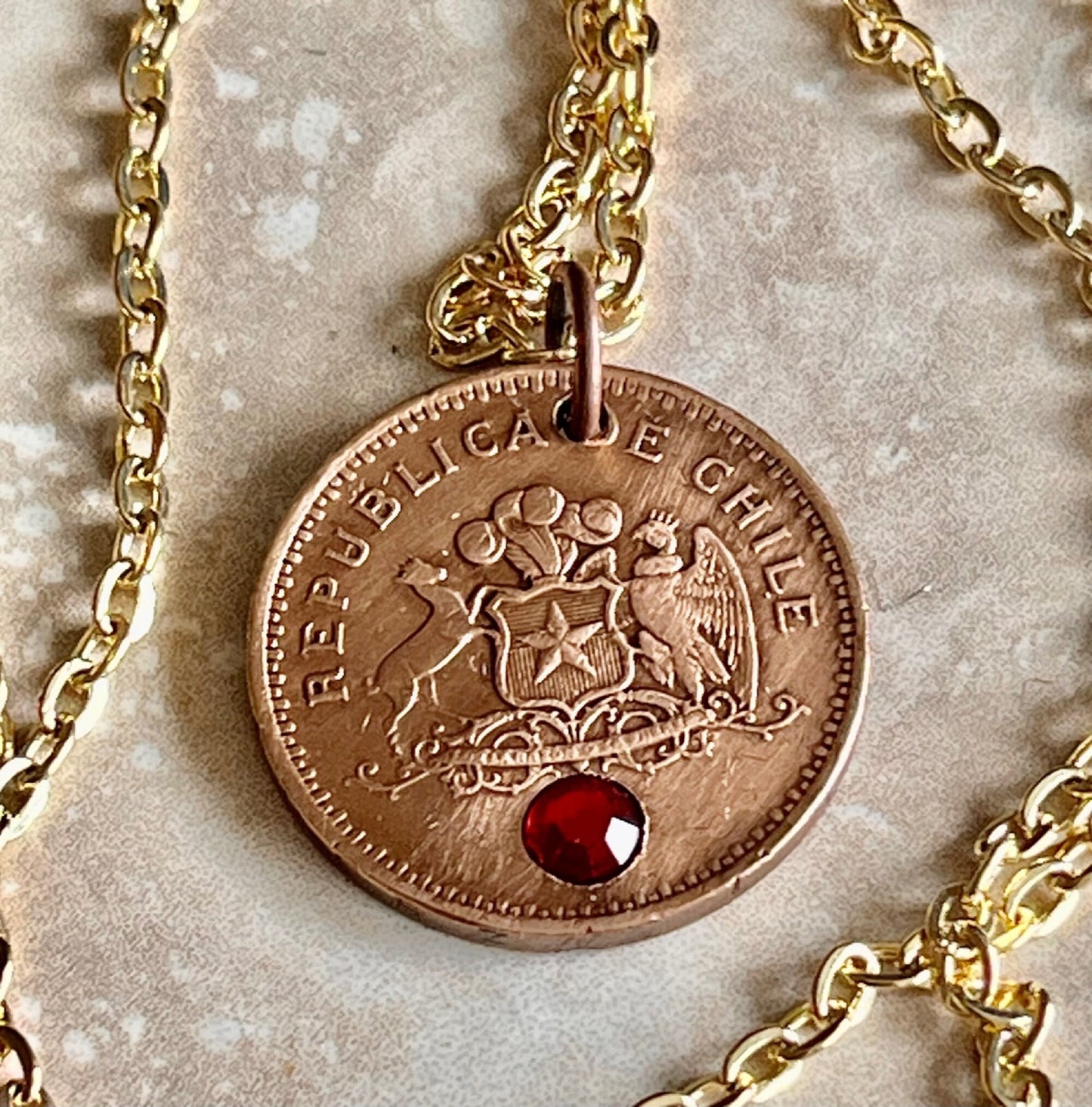 Chile Coin Necklace Chillan 100 Pesos Coin Rhinestone Pendant Custom For Gift For Friend Coin Gift For Him, Her, Coin Collector, World Coins