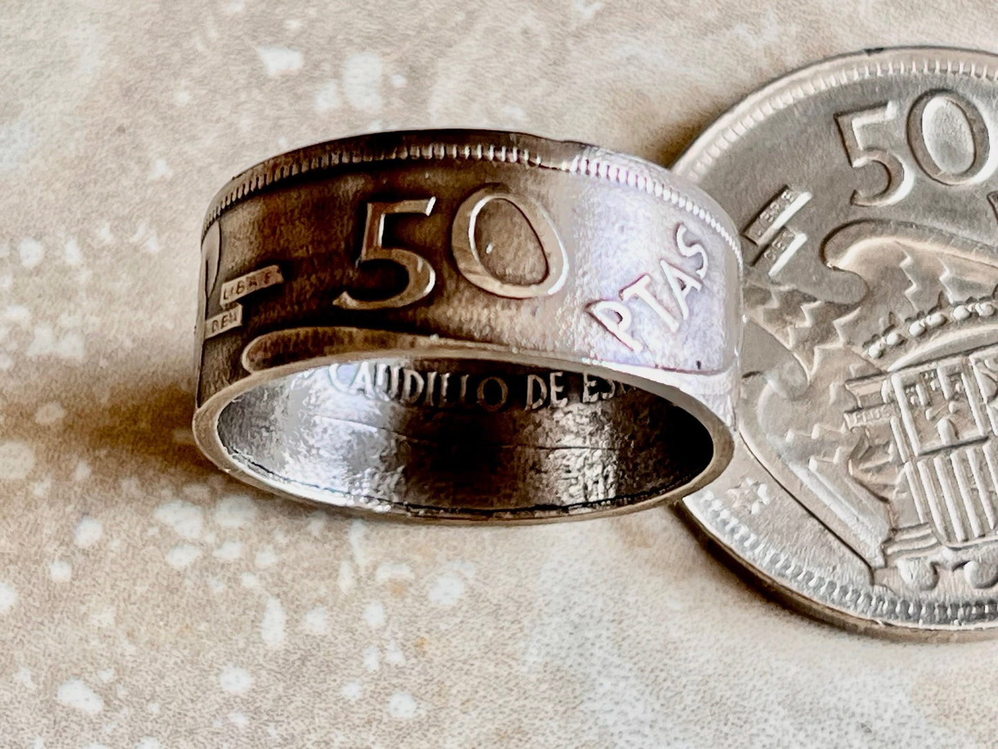 Spain Ring 50 PTAS Spanish Ring Vintage Handmade Jewelry Gift Charm For Friend Coin Ring Gift For Him Her World Coins Collector