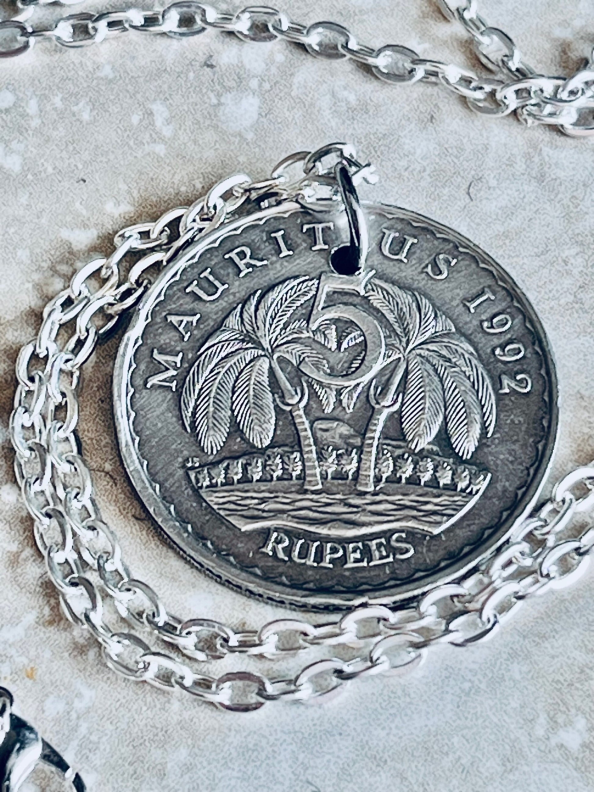 Mauritius Coin Pendant Five Rupee Coin Personal Necklace Old Vintage Handmade Jewelry Gift Friend Charm For Him Her World Coin Collector
