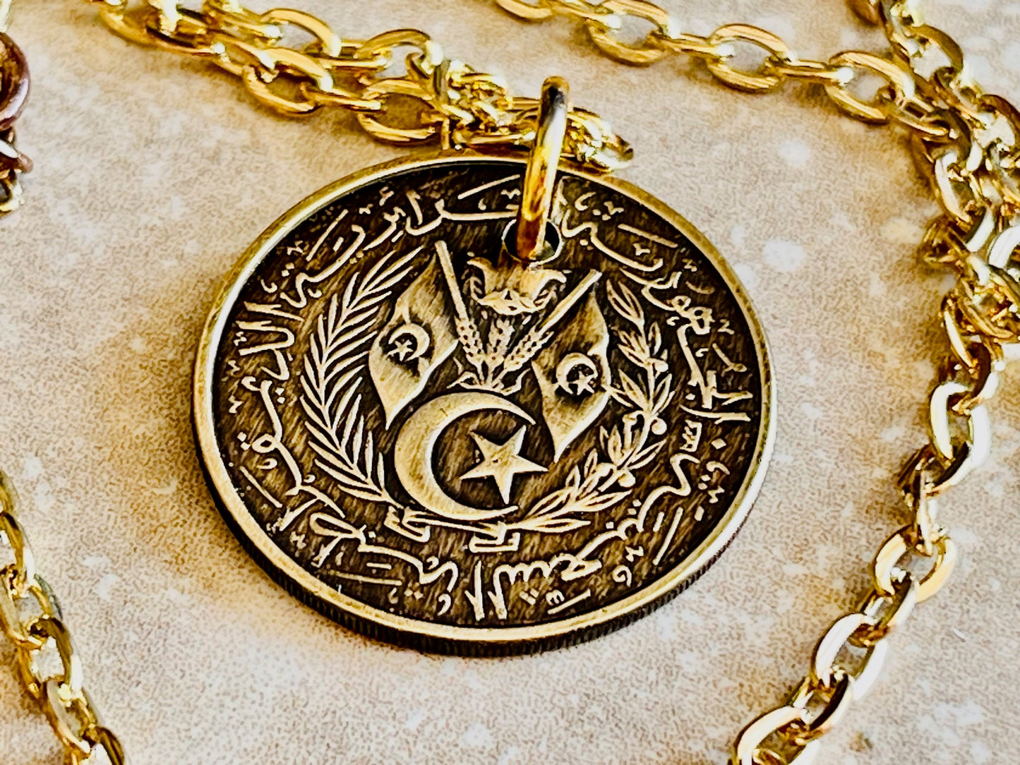 Algeria 50 Centimes Coin Pendant Algerian Personal Necklace Old Vintage Handmade Jewelry Gift Friend Charm For Him Her World Coin Collector