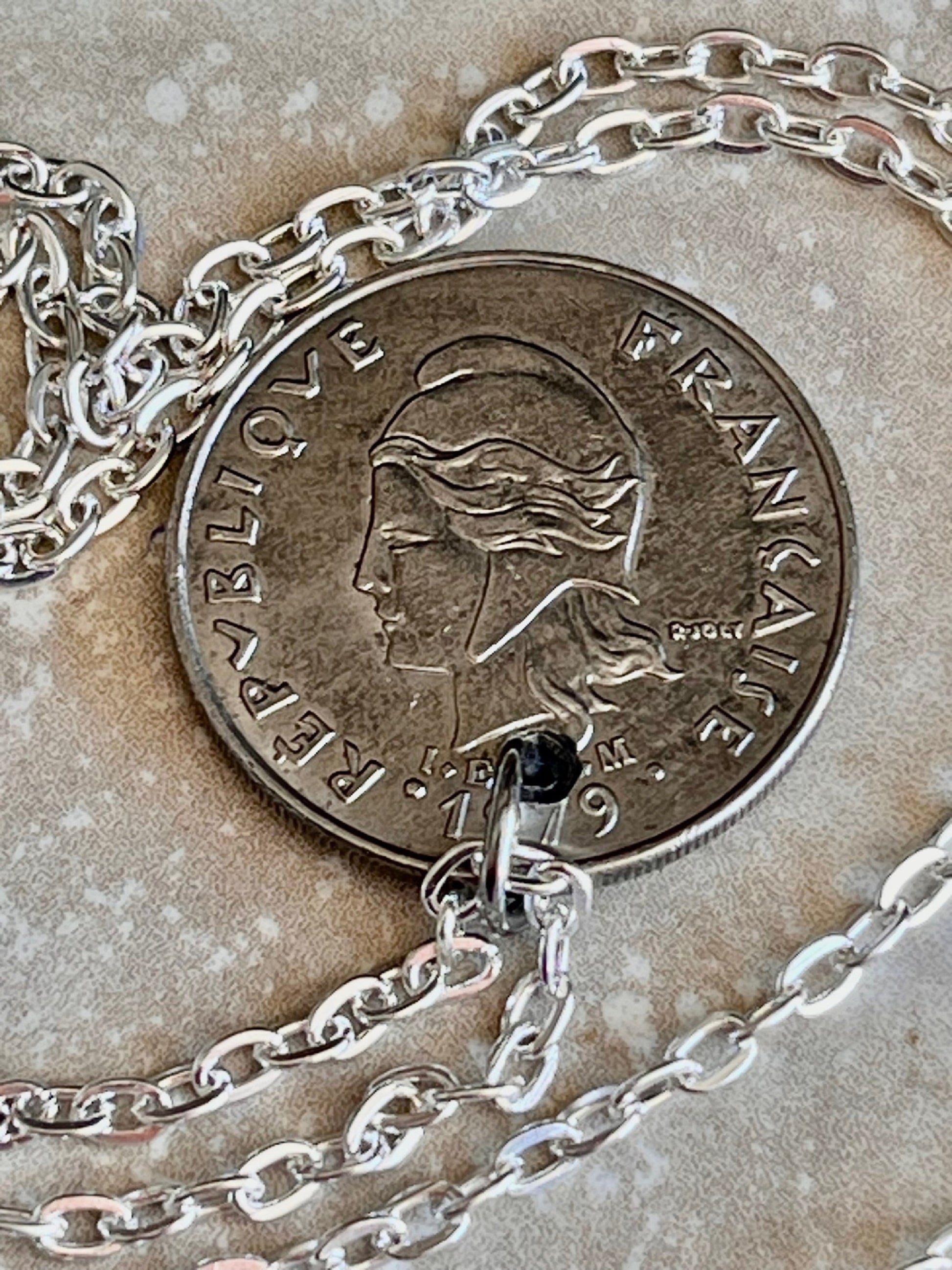 French Polynesia Coin Necklace 20 Francs Handmade Custom Made Charm Gift For Friend Coin Charm Gift For Him, Coin Collector, World Coins