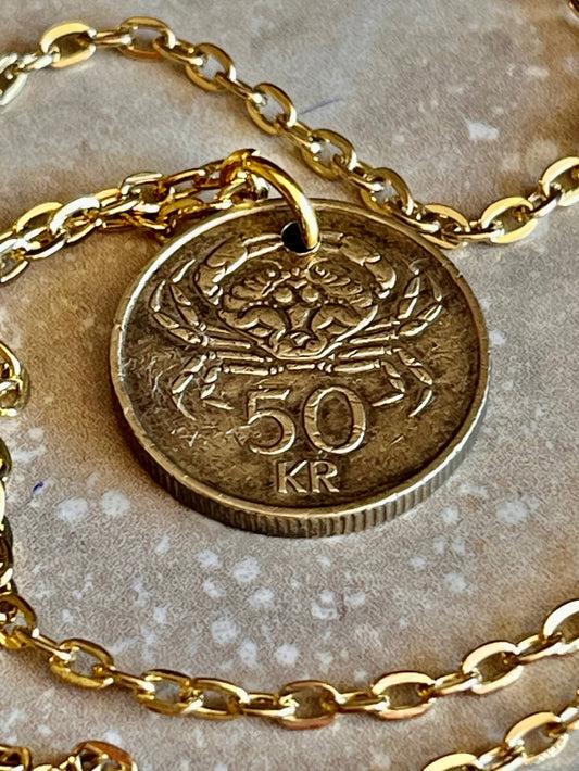Iceland Coin Pendant 50 Kronur Crab Icelandic Personal Necklace Vintage Handmade Jewelry Gift Friend Charm For Him Her World Coin Collector