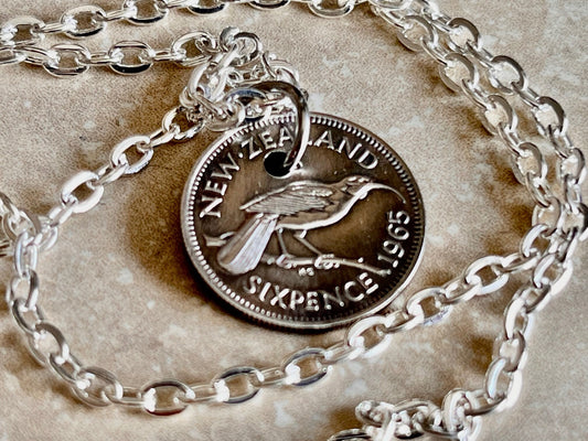 New Zealand Six Pence Coin Necklace Huia Bird Pendant Personal Vintage Handmade Jewelry Gift Friend Charm For Him Her World Coin Collector