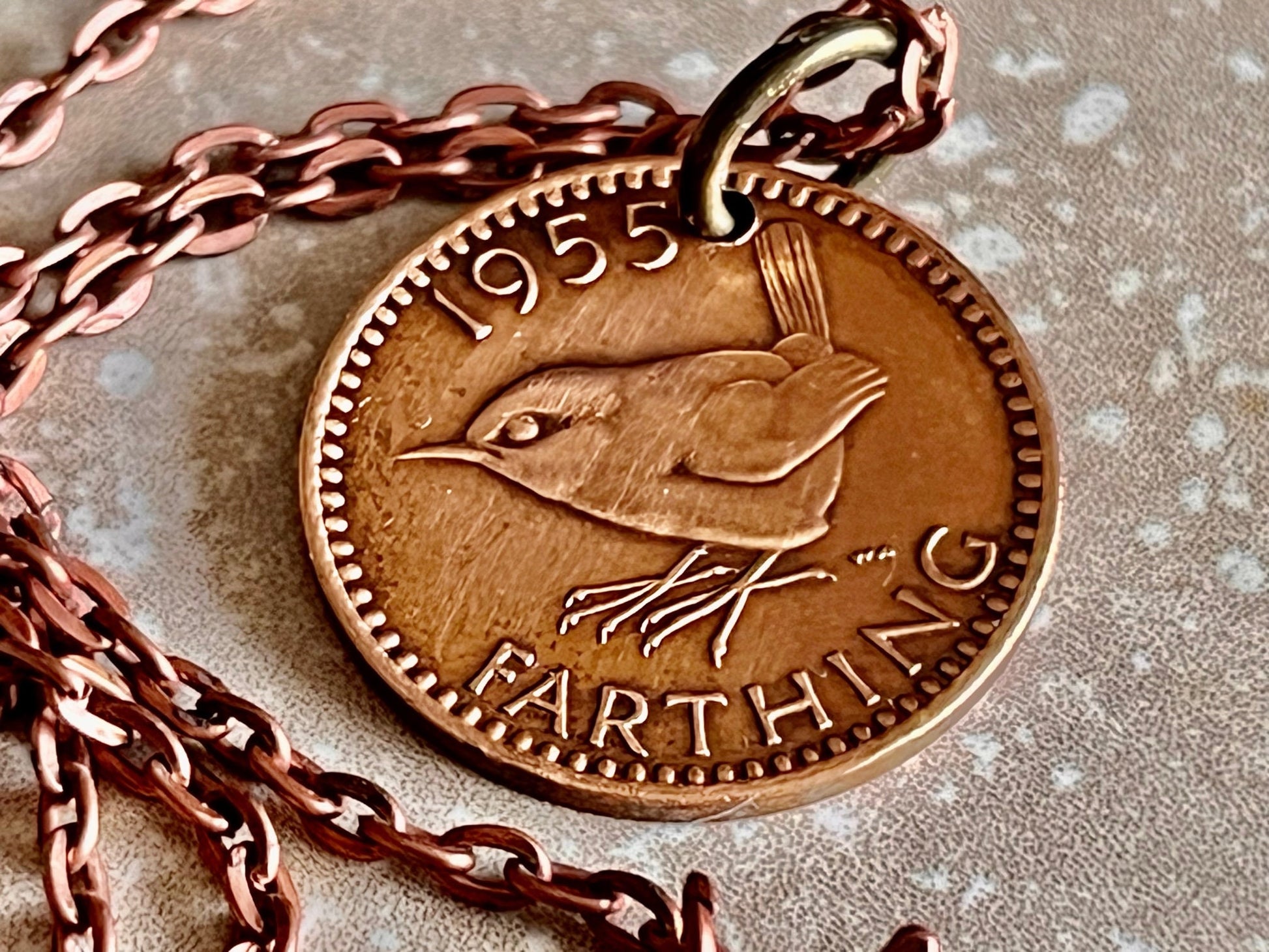 British Farthing Coin Pendant UK Wren Personal Necklace Old Vintage Handmade Jewelry Gift Friend Charm For Him Her World Coin Collector