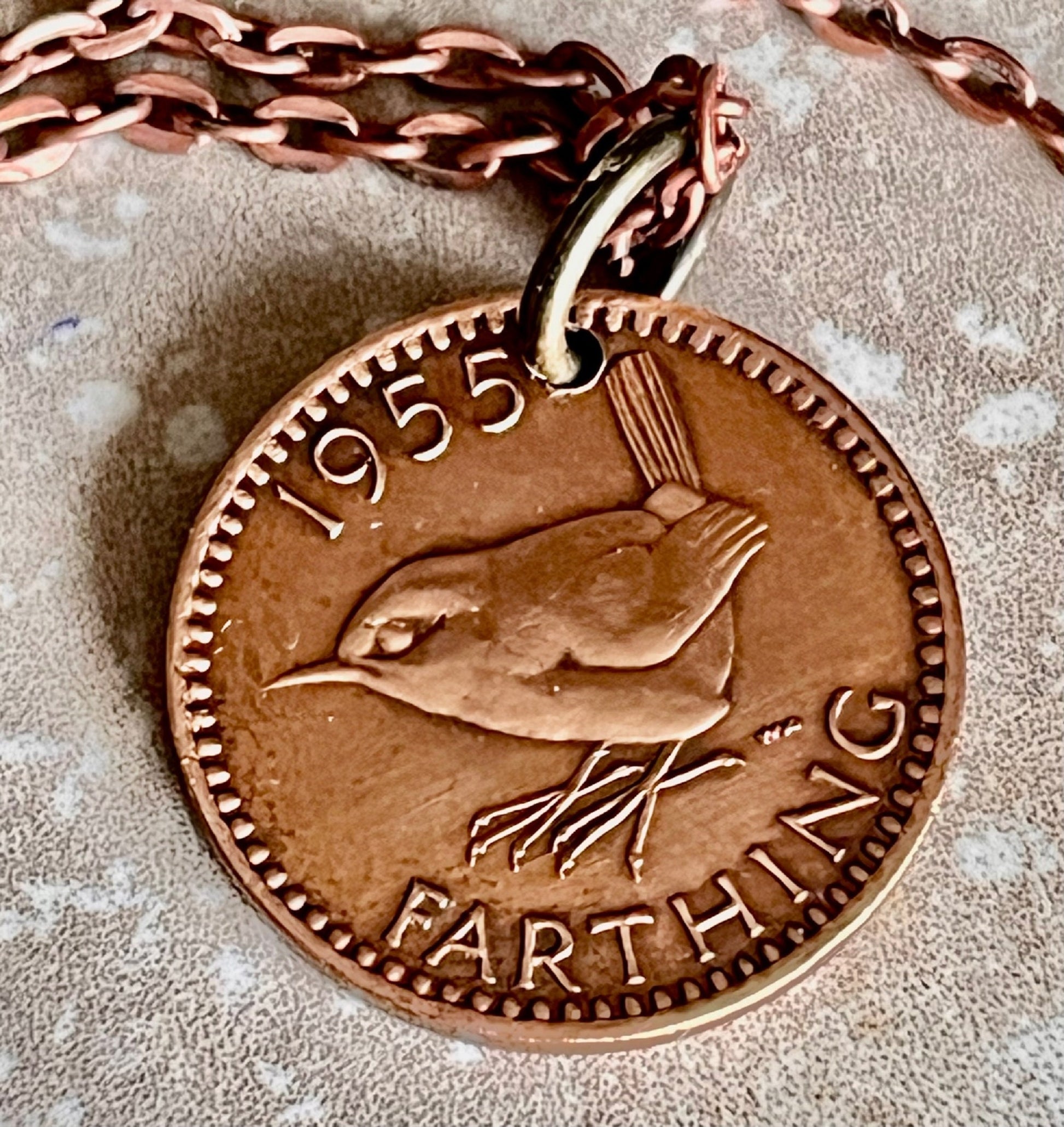 British Farthing Coin Pendant UK Wren Personal Necklace Old Vintage Handmade Jewelry Gift Friend Charm For Him Her World Coin Collector