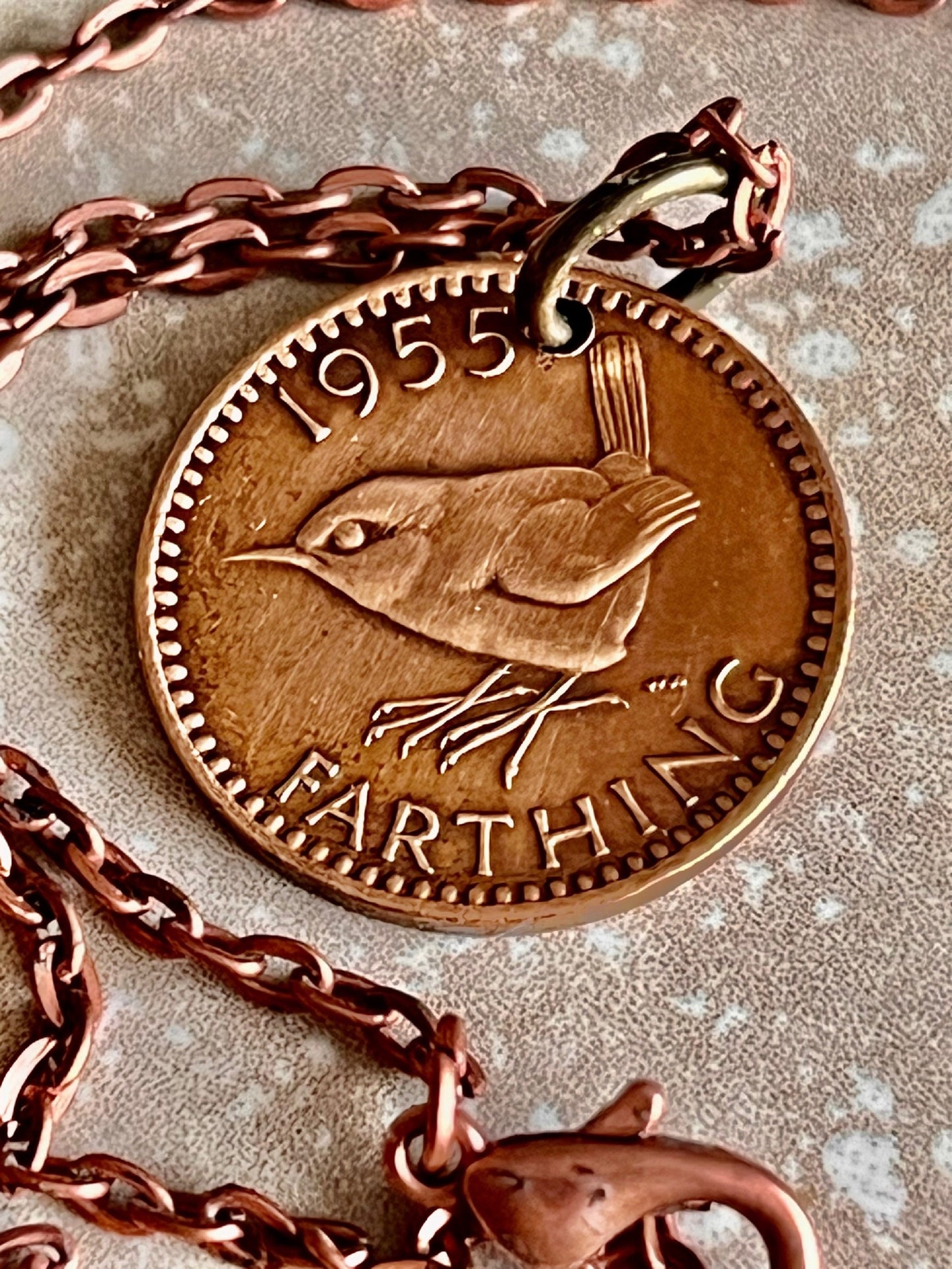 British Farthing Coin Pendant UK Wren Personal Necklace Old Vintage Handmade Jewelry Gift Friend Charm For Him Her World Coin Collector