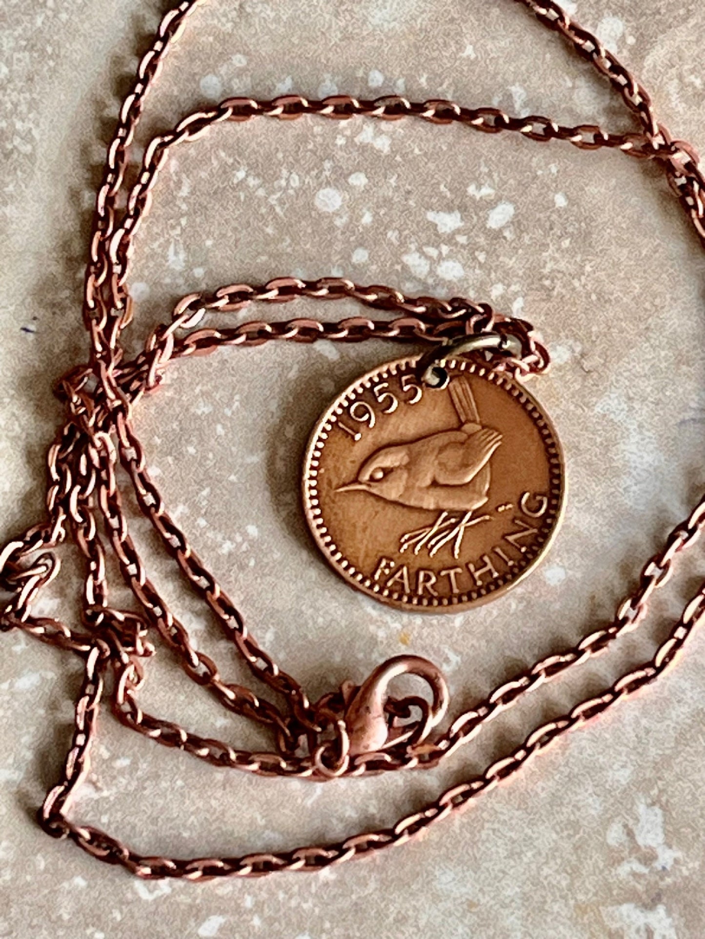 British Farthing Coin Pendant UK Wren Personal Necklace Old Vintage Handmade Jewelry Gift Friend Charm For Him Her World Coin Collector