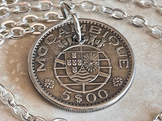 Portugal Coin Pendant Mozambique 5 Escudo Personal Necklace Old Vintage Handmade Jewelry Gift Friend Charm For Him Her World Coin Collector