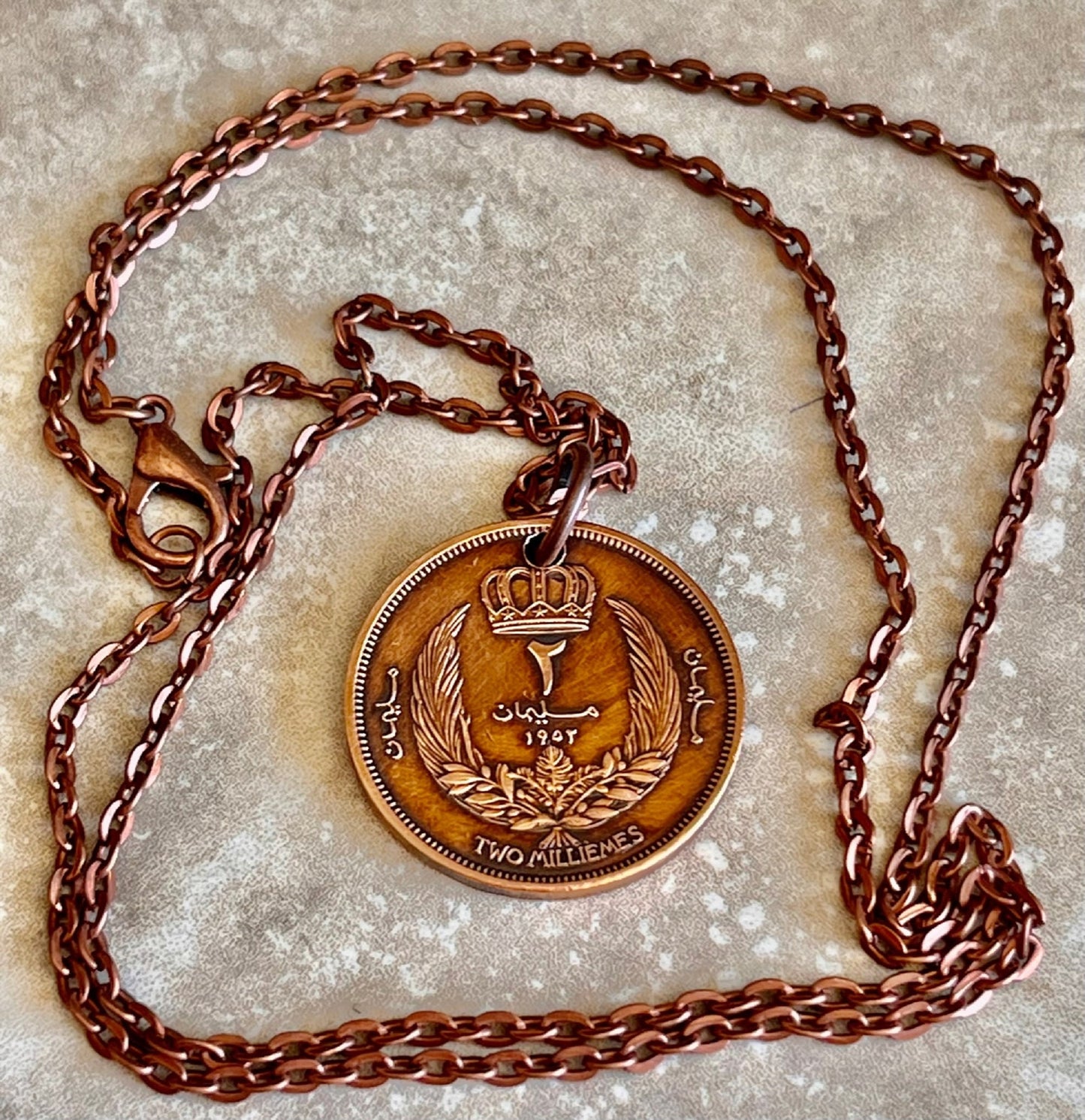 Libya Coin Pendant Libyan 2 Milliemes Personal Necklace Old Vintage Handmade Jewelry Gift Friend Charm For Him Her World Coin Collector