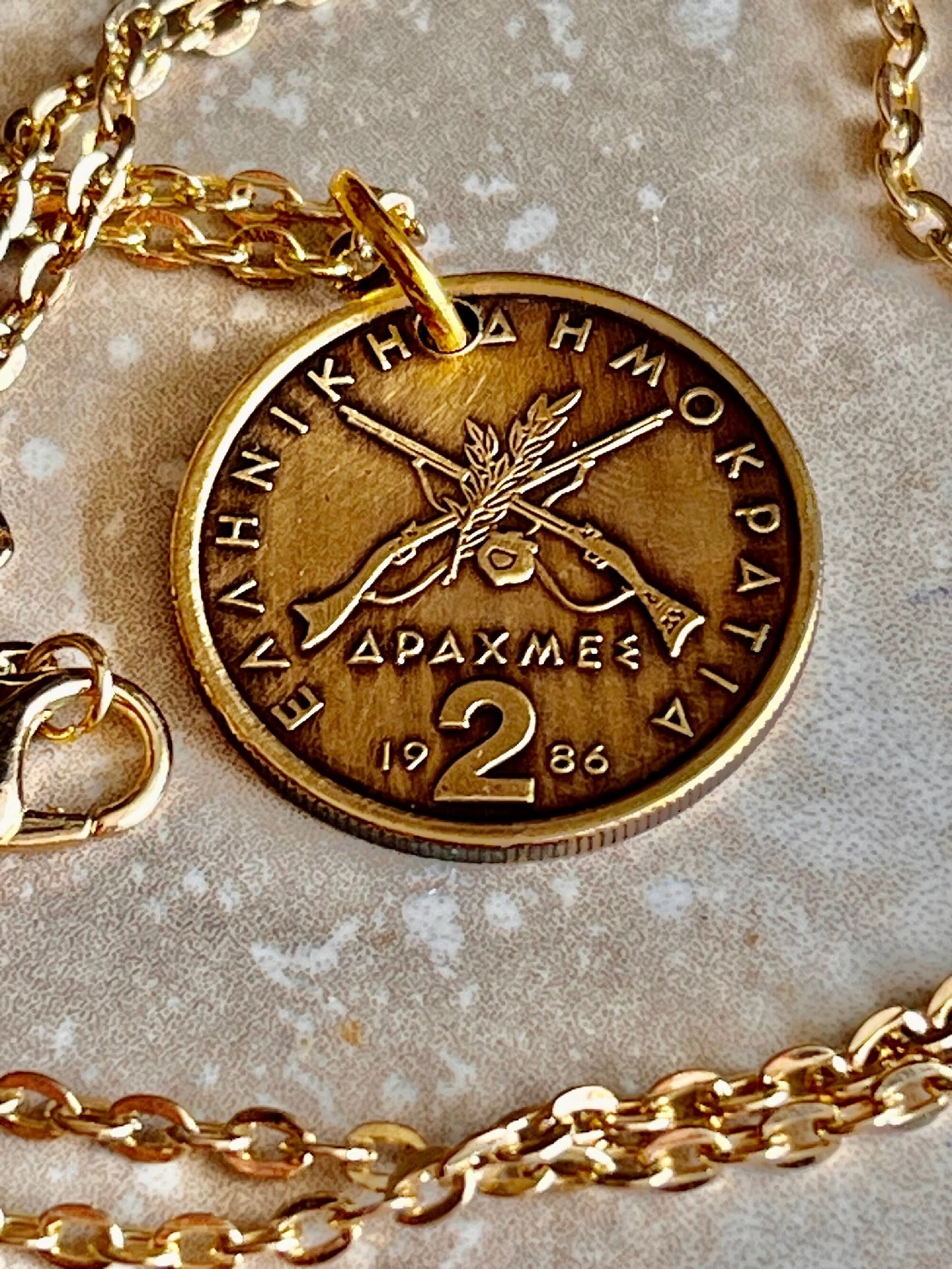 Greece Coin Pendant Greek 2 Drachma Rhinestone Necklace Jewelry Charm Gift For Friend Coin Charm Gift For Him, Her, World Coins Collector