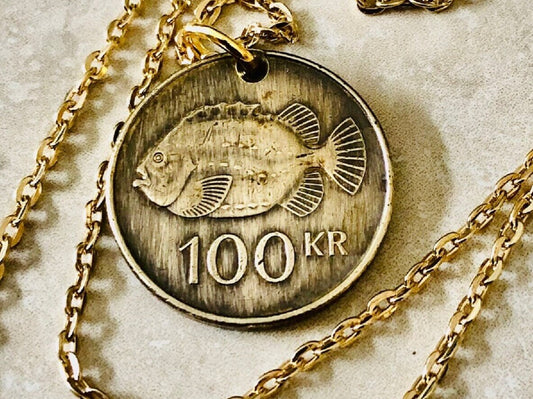 Iceland Coin Necklace 100 Kronur Icelandic Pendant Personal Old Vintage Handmade Jewelry Gift Friend Charm For Him Her World Coin Collector