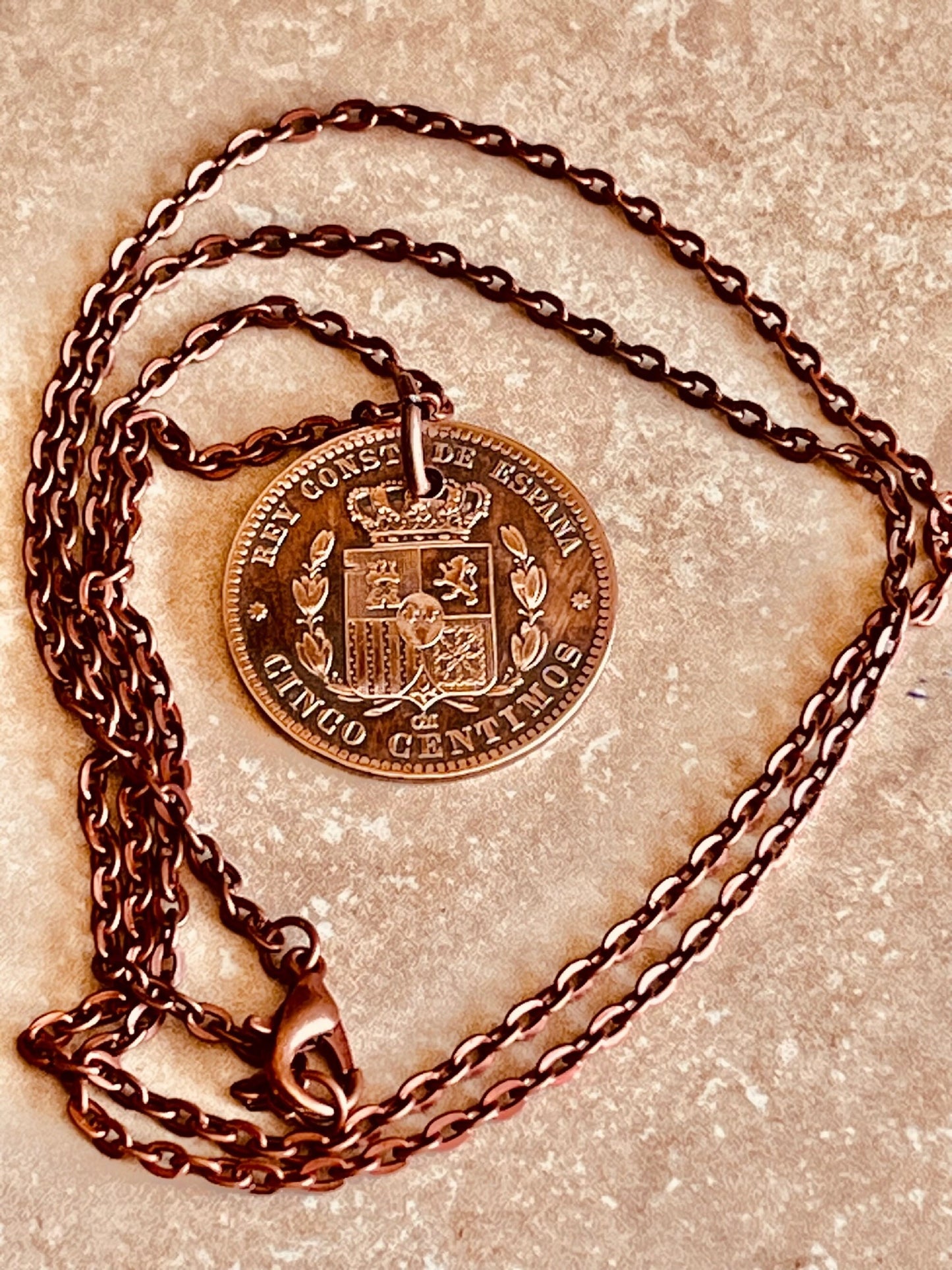 Spanish Spain 5 Centimos Cinco Coin Pendant Personal Necklace Vintage Handmade Jewelry Gift Friend Charm For Him Her World Coin Collector