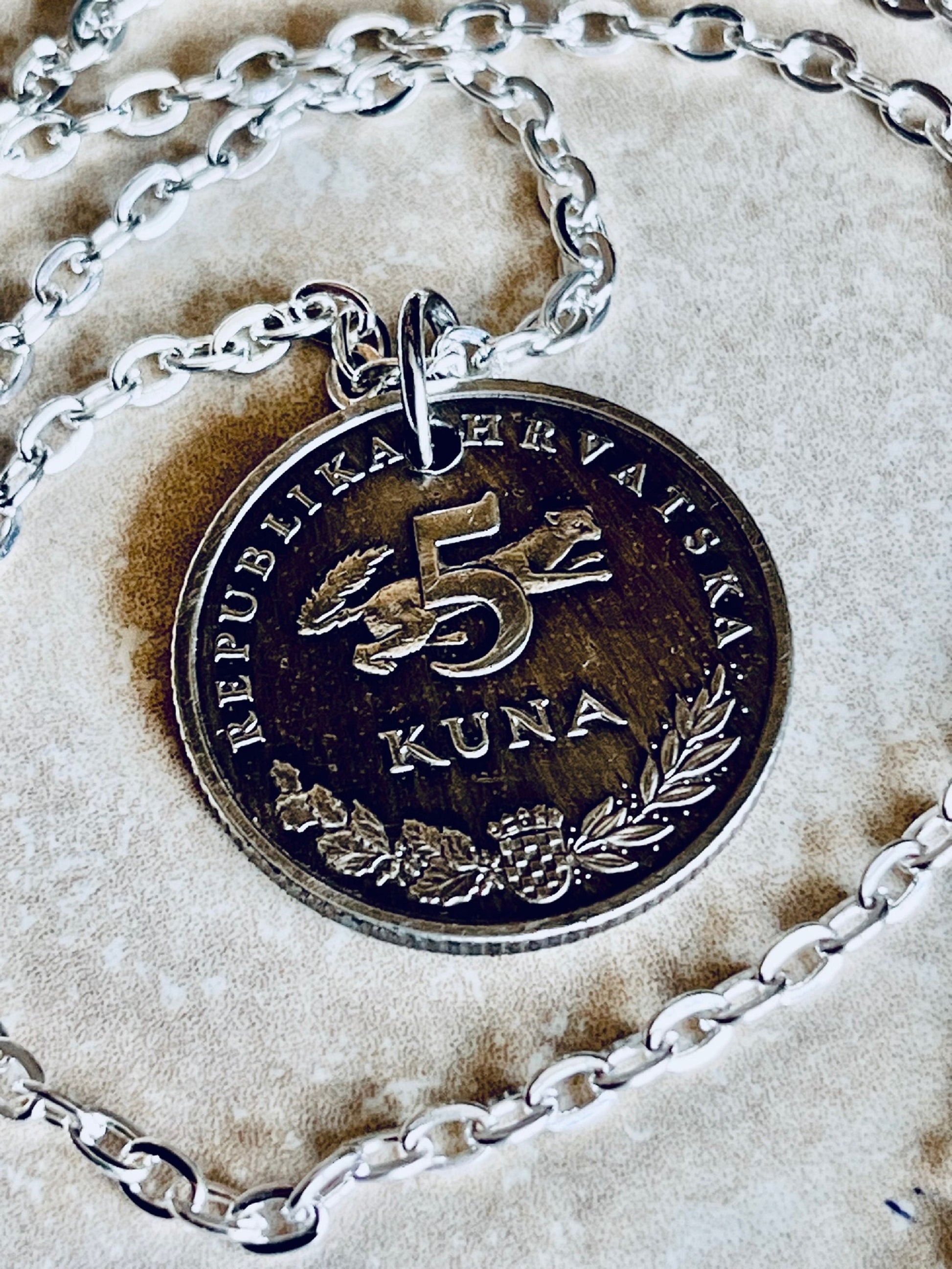 Croatia Coin Pendant 5 Kuna Croatian Bear Personal Necklace Old Vintage Handmade Jewelry Gift Friend Charm For Him Her World Coin Collector