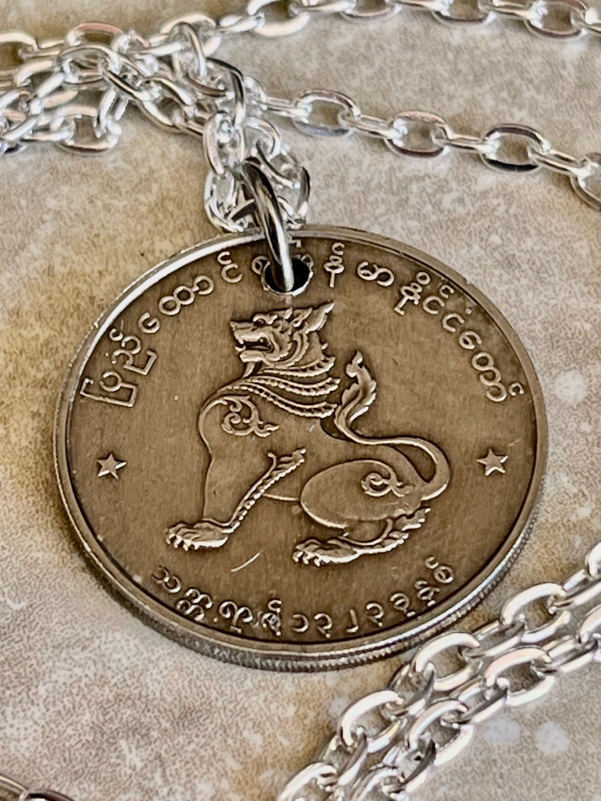Burma Myanmar Coin Pendant with Lion Custom Personal Necklace Vintage Handmade Jewelry Gift Friend Charm For Him Her World Coin Collector