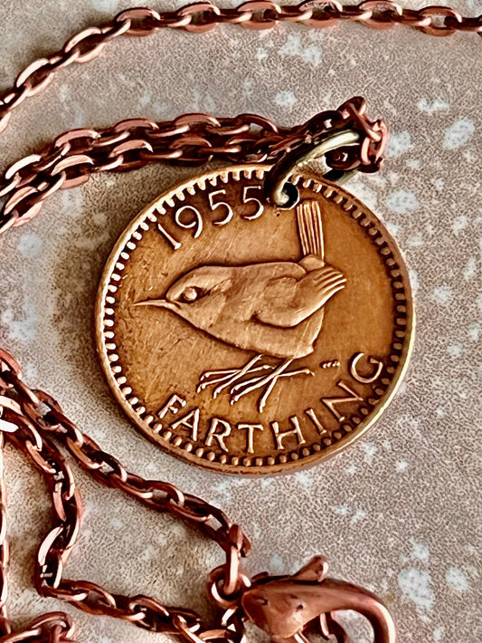 British Farthing Coin Pendant UK Wren Personal Necklace Old Vintage Handmade Jewelry Gift Friend Charm For Him Her World Coin Collector