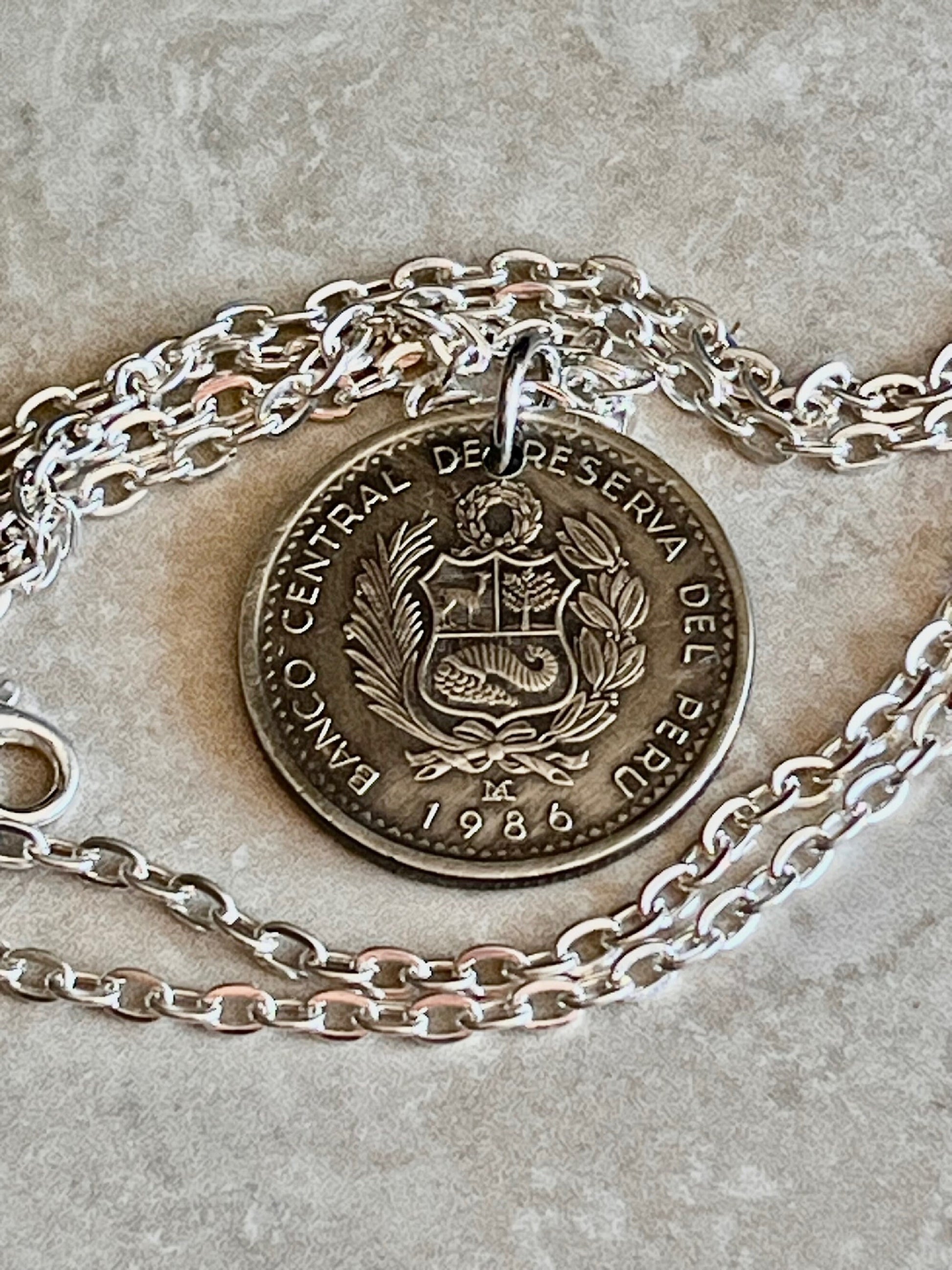 Peru Coin Pendant Peruvian 5 Cinco Intis Personal Necklace Old Vintage Handmade Jewelry Gift Friend Charm For Him Her World Coin Collector