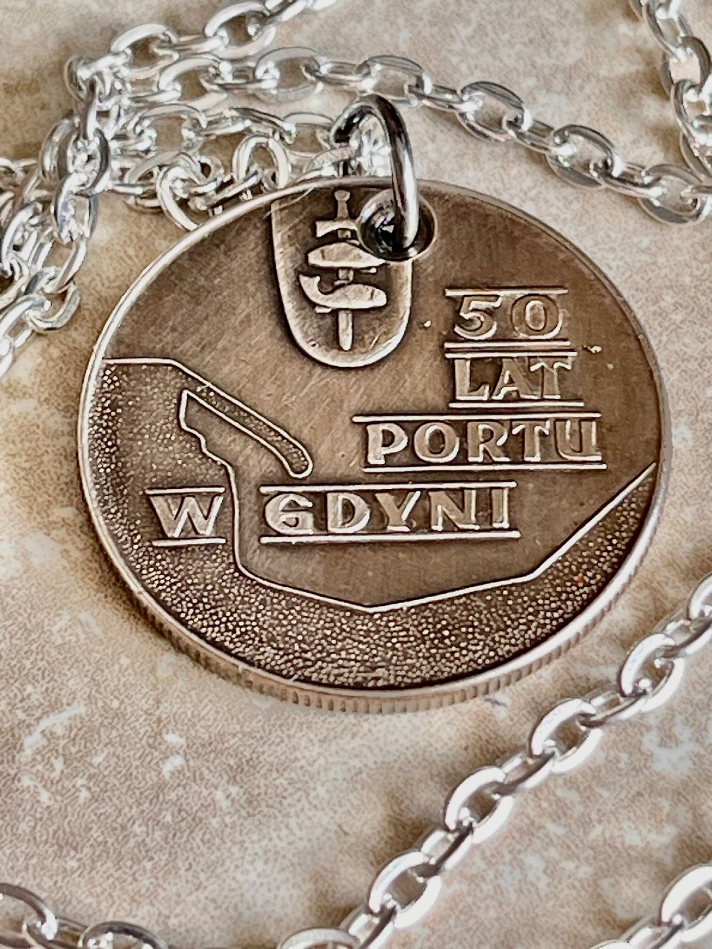 Poland Pendant Coin 50 Years Gdynia Sea Port Polish Necklace Jewelry Charm Gift For Friend Charm Gift For Him, Her, World Coins Collector
