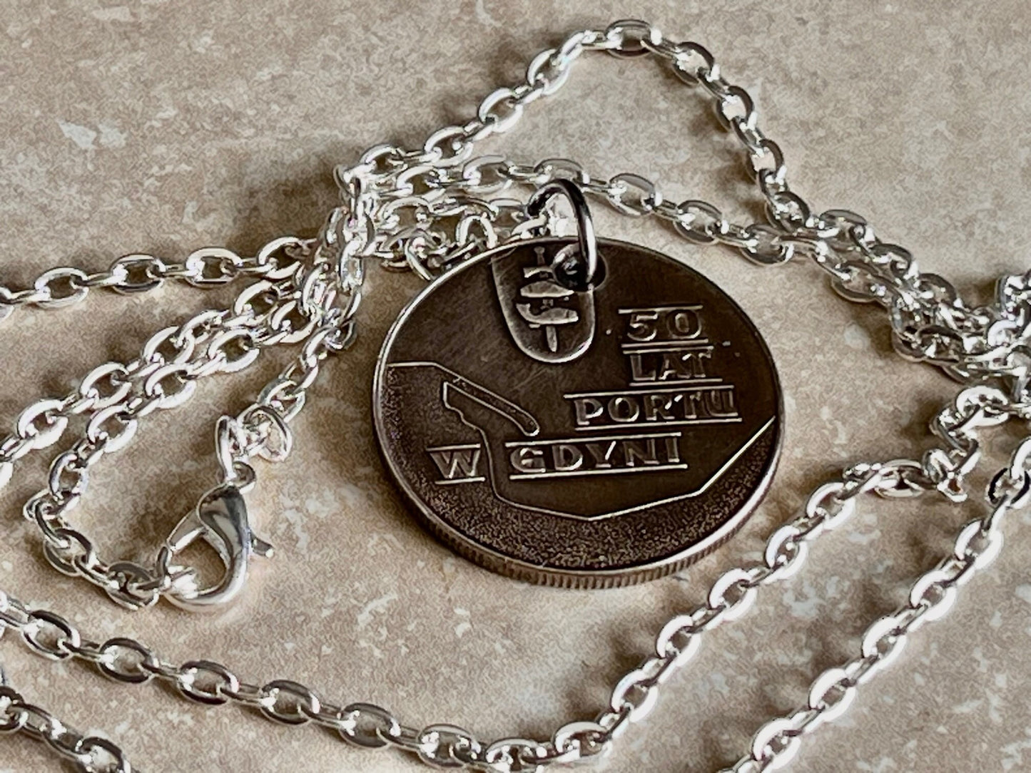 Poland Pendant Coin 50 Years Gdynia Sea Port Polish Necklace Jewelry Charm Gift For Friend Charm Gift For Him, Her, World Coins Collector